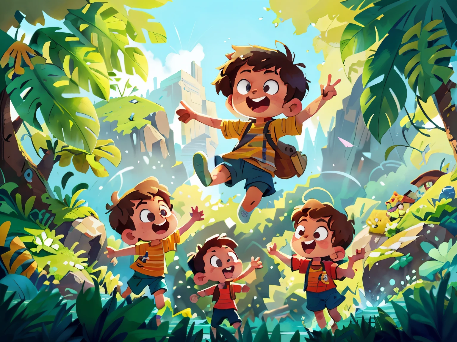 Poster design, (SFW), four children boys jump with mountain behind, fine facial features, summer, happy, waterfall, background is interspersed in yard in front of the moutain, plants, perfect quality, clear focus, colorful, perfect face, intricate details, ultra low viewing angle, wide angle lens, childrens illustration, children illustration, cute artwork, kids book illustration, inspired by Anton Fadeev, illutstration, artistic illustration, promotional art, having good time, summertime, no big children in middle