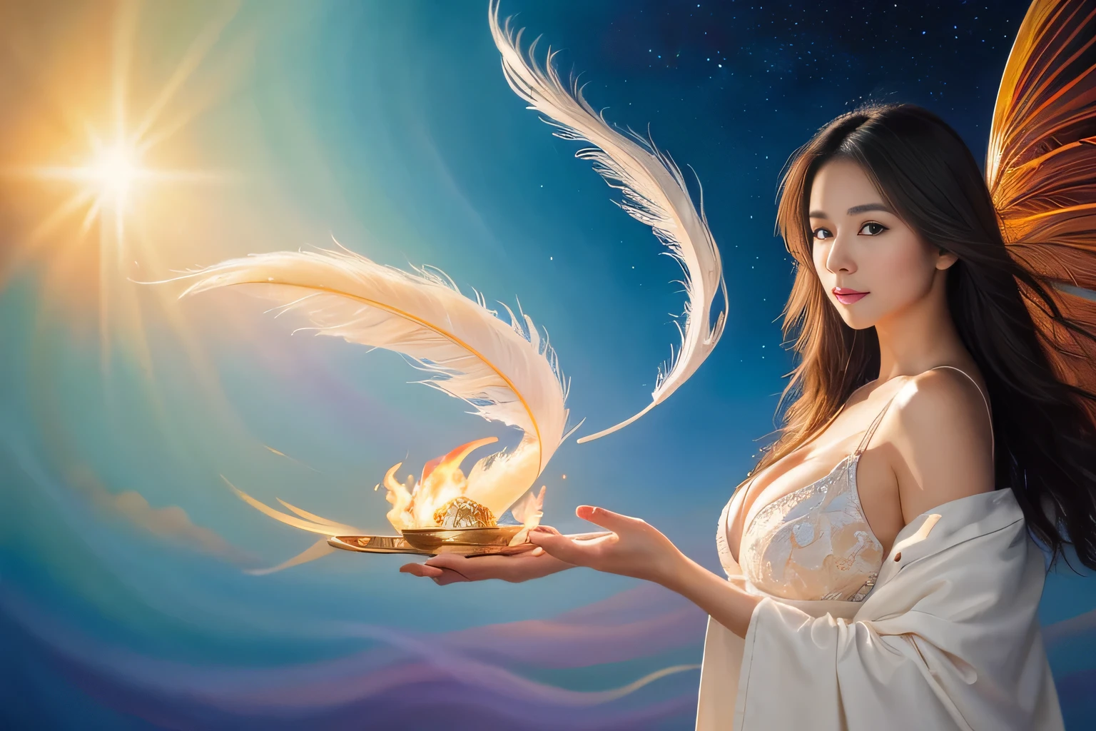(highest quality,8K,High resolution:1.2),(beautiful realistic asian:1.5)、(cute japanese girl:1.4),(huge breasts:1.26),(glamorous:1.4)、feather、messenger of god、Flight 、artistic background、spiral、Spiritual Light、heavenly realm、sacred place、sexy pose、realm of divine spirits、Professionalism、(beautiful paintings:1.5), a ray of light、aura、Awesome people々々、treasure、(Flame Dragon)、above the clouds、masterpiece、