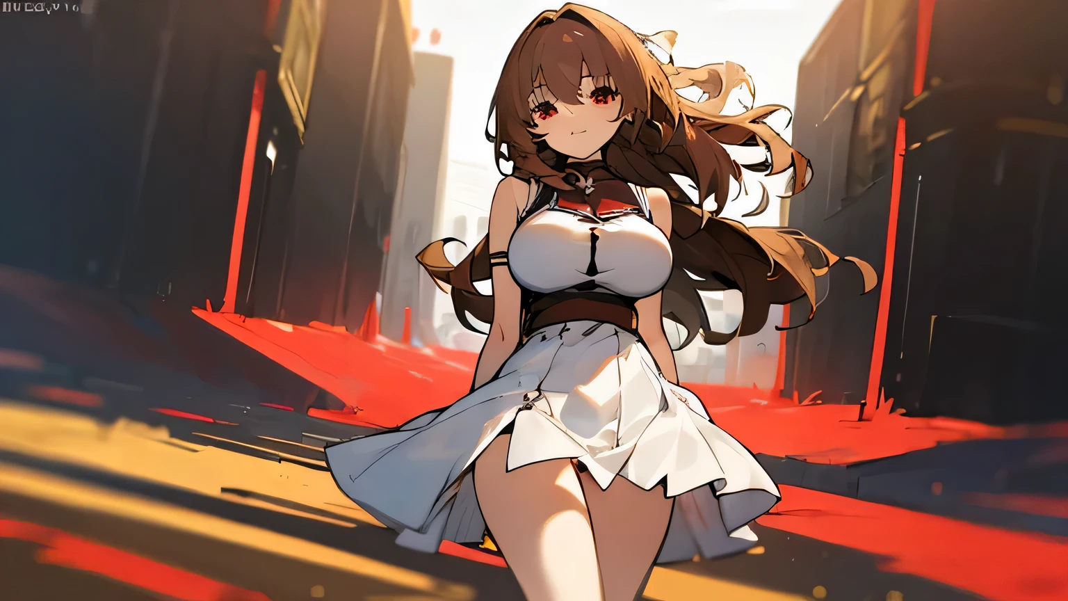 (masterpiece:1.3), 1 girl, solo, best quality, high quality, karory, brown hair, long hair, one side up, large_breasts, , red eyes, walking, arms behind back, smile.