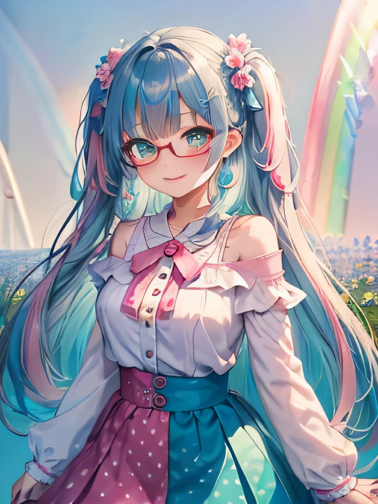 Please take a photo from the front、The arrival of spring、big ass、 (alone:1.5,)Super detailed,bright colors, very beautiful detailed anime face and eyes, look straight, ;d, shiny_skin,girl, (((rainbow colored hair, colorful hair, Half blue、半分はpinkの髪: 2.0))) 、off shoulder、forehead is exposed.、green eyes、、shiny hair, delicate beautiful face, blush、Heart Pendant、(turquoise eyes), White skin, Valletta, Mature earrings,、blue flower field、（tight、red floral blouse）、（pink、Polka dot skirt）、long twin tails、silver glass、shines bright red、smile