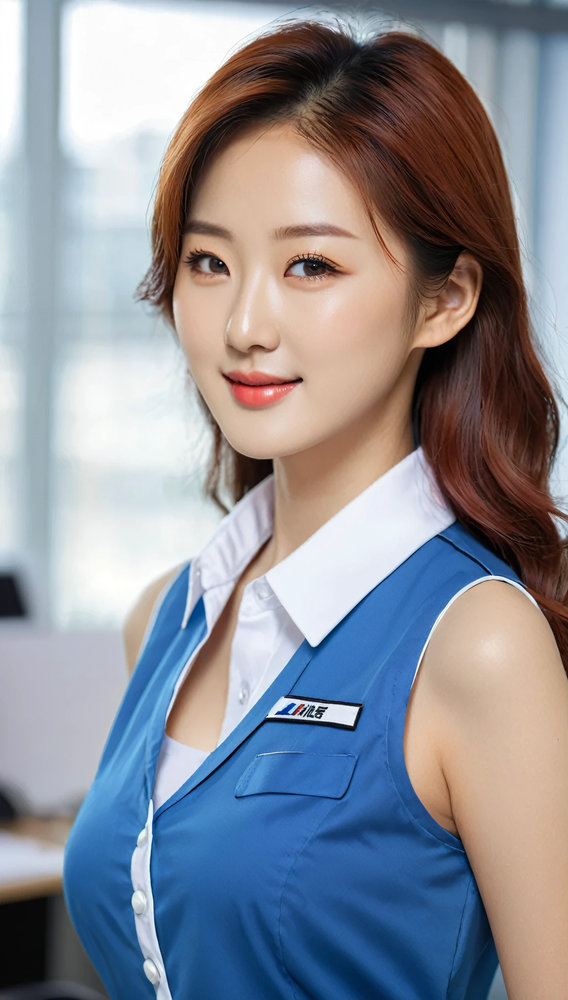 close-up shot of beautiful korean female, 36 inch breasts size, red hair between eyes, slightly smile, wearing dresed in a blue, black and white themed sleeveless collared driver uniform, in the office