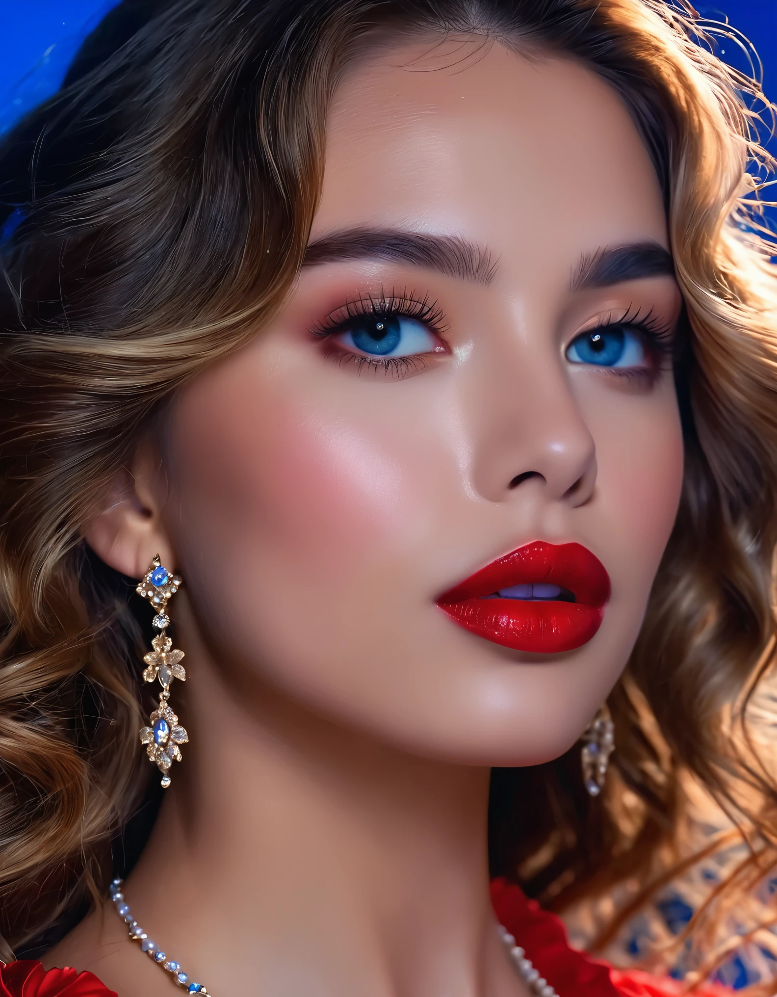 (best quality,4k,highres,masterpiece:1.2),ultra-detailed,realistic:1.37,beautiful detailed eyes,beautiful detailed lips,extremely detailed face,long eyelashes,feminine appearance,graceful posture,tousled waves in her hair,bold red lip,serene oceanic blue backdrop,elegant attire,glamorous look,sparkling jewelry,portraits,vivid colors,soft natural lighting.