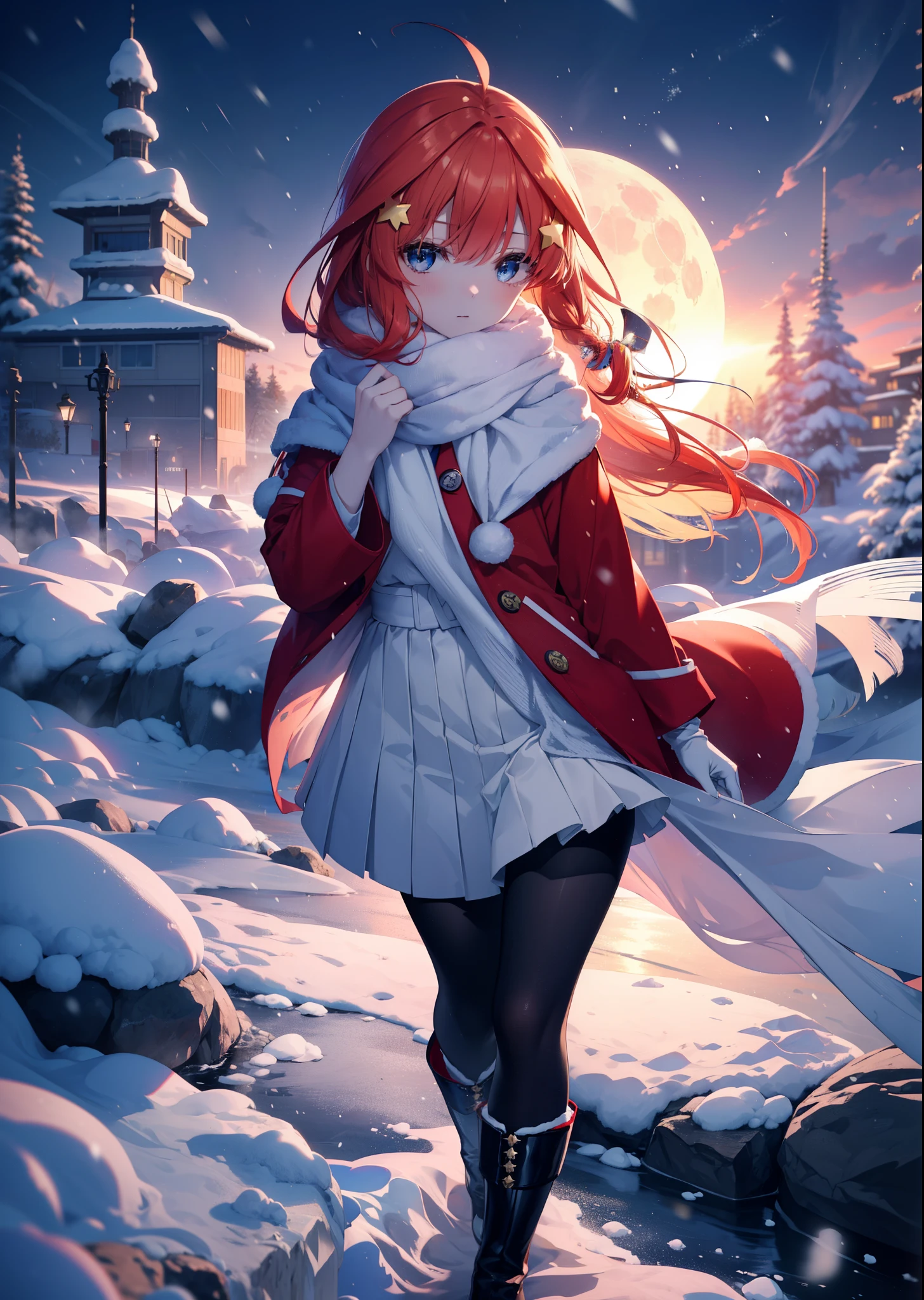 itsukinakano, itsuki nakano, bangs, blue eyes, hair between eyes, Ahoge, redhead, star \(symbol\), hair ornaments, star hair ornaments,red coat,short braided hair,white scarf,white sweater,He wears fluffy gloves on both hands.,long skirt,black pantyhose,short boots,It&#39;s snowing,It&#39;s snowing,winter,cold sky,moonlight,full moon,よる
break outdoors, In town,building street,
break (masterpiece:1.2), highest quality, High resolution, unity 8k wallpaper, (figure:0.8), (detailed and beautiful eyes:1.6), highly detailed face, perfect lighting, Very detailed CG, (perfect hands, perfect anatomy),