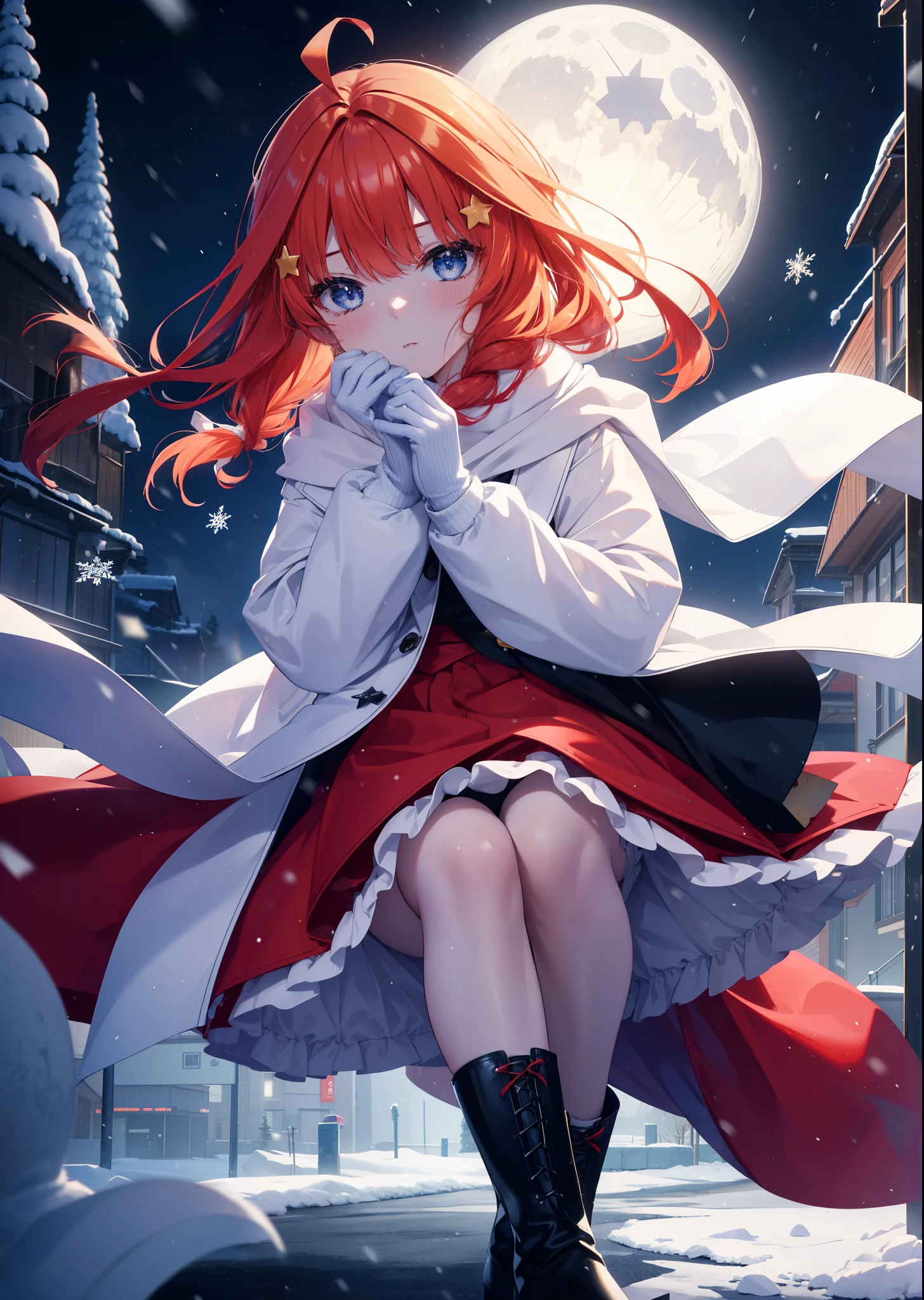 itsukinakano, itsuki nakano, bangs, blue eyes, hair between eyes, Ahoge, redhead, star \(symbol\), hair ornaments, star hair ornaments,red coat,short braided hair,white scarf,white sweater,He wears fluffy gloves on both hands.,long skirt,black pantyhose,short boots,It&#39;s snowing,It&#39;s snowing,winter,cold sky,moonlight,full moon,よる
break outdoors, In town,building street,
break (masterpiece:1.2), highest quality, High resolution, unity 8k wallpaper, (figure:0.8), (detailed and beautiful eyes:1.6), highly detailed face, perfect lighting, Very detailed CG, (perfect hands, perfect anatomy),