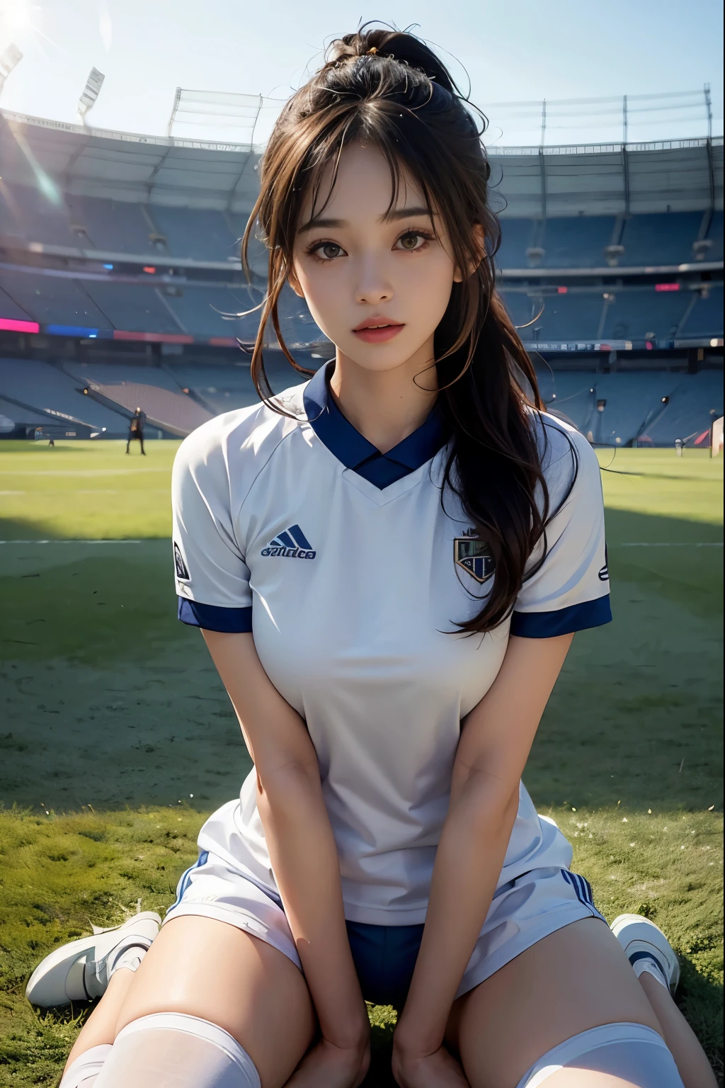 (8K、top-quality、tmasterpiece:1.2)、(hentail realism、Photorealsitic:1.37)、ultra - detailed、top-quality、超A high resolution、profetional lighting、photon maping、Radio City、physically-based renderingt、Cinematic lighting、play soccer、depth of fields,on focus,rays of sunshine,Well structured,(the background is blurred:1.2),1 rapariga,(full body Esbian),(Keep your mouth shut),Beautiful eyes,Lewd poses,zoomed out,football uniform,brunette color hair,Beautiful straight hair,poneyTail(ulzzang-6500:1.2) mix4, hiqcgbody、Sweaty beauty、large full breasts、Beautiful woman in football uniform、Dramatic Sexy、Realistic Photos、Soccer court、Face with exquisite details、Beautiful and perfect、Muscular beauty
