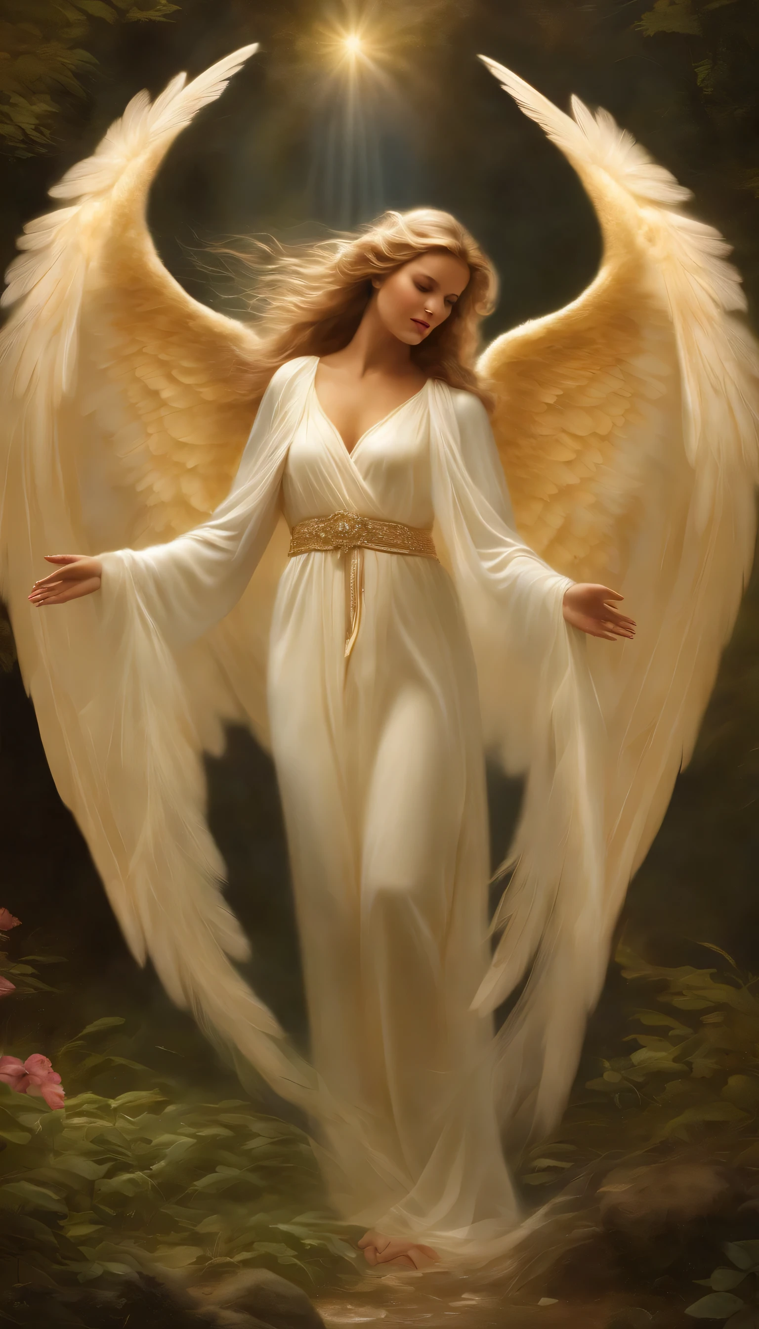 Crie uma imagem encantadora de um anjo voando graciosamente de cima para baixo, embalar uma pessoa em seu colo amoroso. As asas do anjo devem ser majestosas, with ethereal feathers behind, e um brilho suave em torno de sua forma divina. The person in your embrace should appear peaceful and protected, with a sense of serenity on your face. Use suave, pastel colors to evoke a sense of tranquility and spiritual connection. O rosto do anjo deve irradiar calor e conforto, while the person should exude a feeling of trust and surrender. May this image symbolize the presence of divine guidance and protection, bringing comfort to those who see.