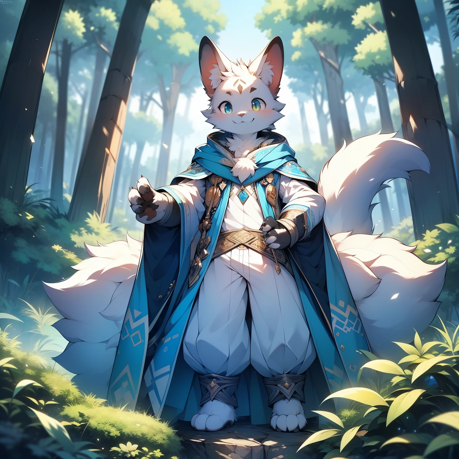 anthropomorphic cat，fluffy fur，Yellow and white patterned fur embellished with blue patterned fur，Handsome，Males，Alone，masterpiece，super high quality，in the forest，Smiling with bared teeth，Energetic，rich in detail，standing，perfect，Not hanging on at all