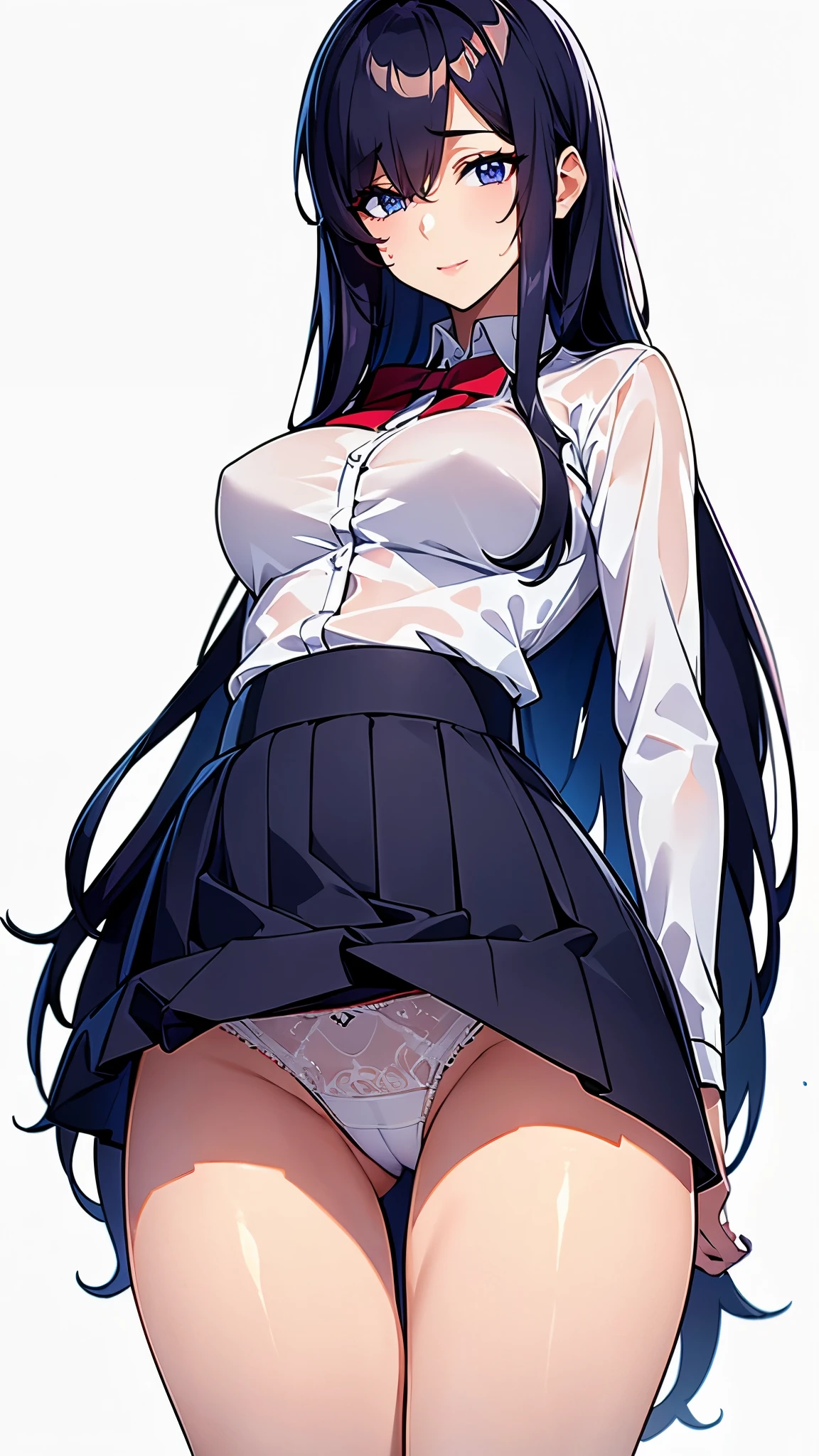 ((8K resolution))、((highest quality))、((masterpiece))、((Super detailed))((((dramatic))), (anatomically correct)、Depth of object being written、look at the camera、one person、one personの女性、very long hair、hair over one eye、front、Excited,expensive、toned arms, long and thin legs, Athletic Presence,Wet、tattoo、women's high uniform、skirt lift、panty shot、white panties、(theme、w穴 body:1.1),Image of God、white background