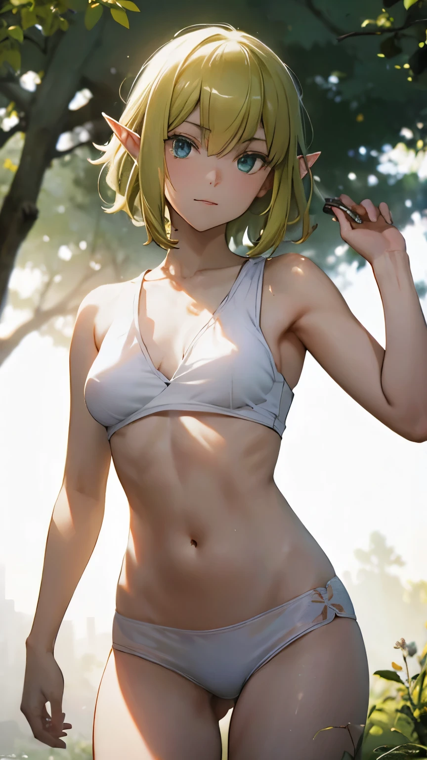  masterpiece, 1 girl,((extremely small breasts))、((very small breasts))、((A-cup size breasts)), high quality, exposed skin,、yellow green short hair、elf、delicate body、slender body、Completely naked、in the forest、solid and beautiful eyes、grumpy face、(8K)、(wallpaper)、(official)