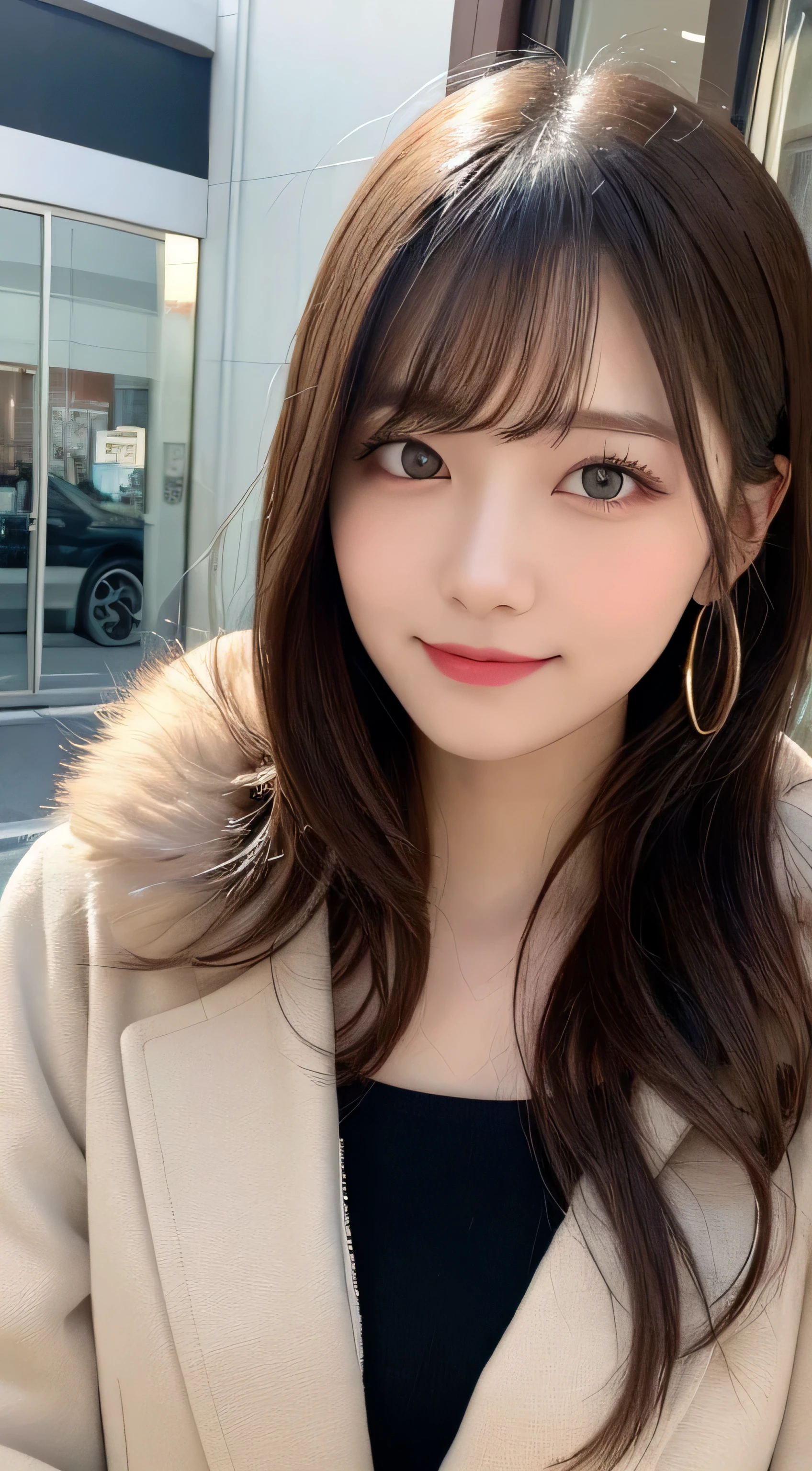 (highest quality, masterpiece:1.2), Super detailed, High resolution, 8k wallpaper, perfect dynamic composition, fine and beautiful eyes, long hair, small breasts, natural color lips, bold sexy pose, shy smile, 20-year-old, cute woman, cute style, Tokyo, sexy shot looking at camera, feminine fashion, winter fashion,hairstyle ponytail,outerwear with faux fur