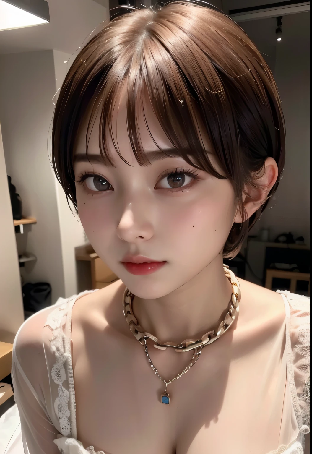 ((highest quality))、(masterpiece:1.4)、Raw photo、8K、((best image quality))、 ((High resolution))、Beautiful face in every detail、realistic human skin、gentle expression、(one woman:1.3 )、realistic、Photoreal、(short hair)、(Beautiful woman)、(cute japanese girl)、(boyish:1.3)、(mannish)、((Beautiful woman))、(beautiful hair)、((dark brown hair))、(red cheeks)、((her eyes are big))、20 year old beauty、(small face)、small head、(Thick chain collar:1.3)、((long neck))、(haircut model)、Bedroom、bed、[big breasts]、((lingerie))、(night scene)、restrain with chains、(The expression of a lustful woman)、cleavage、sexual excitement