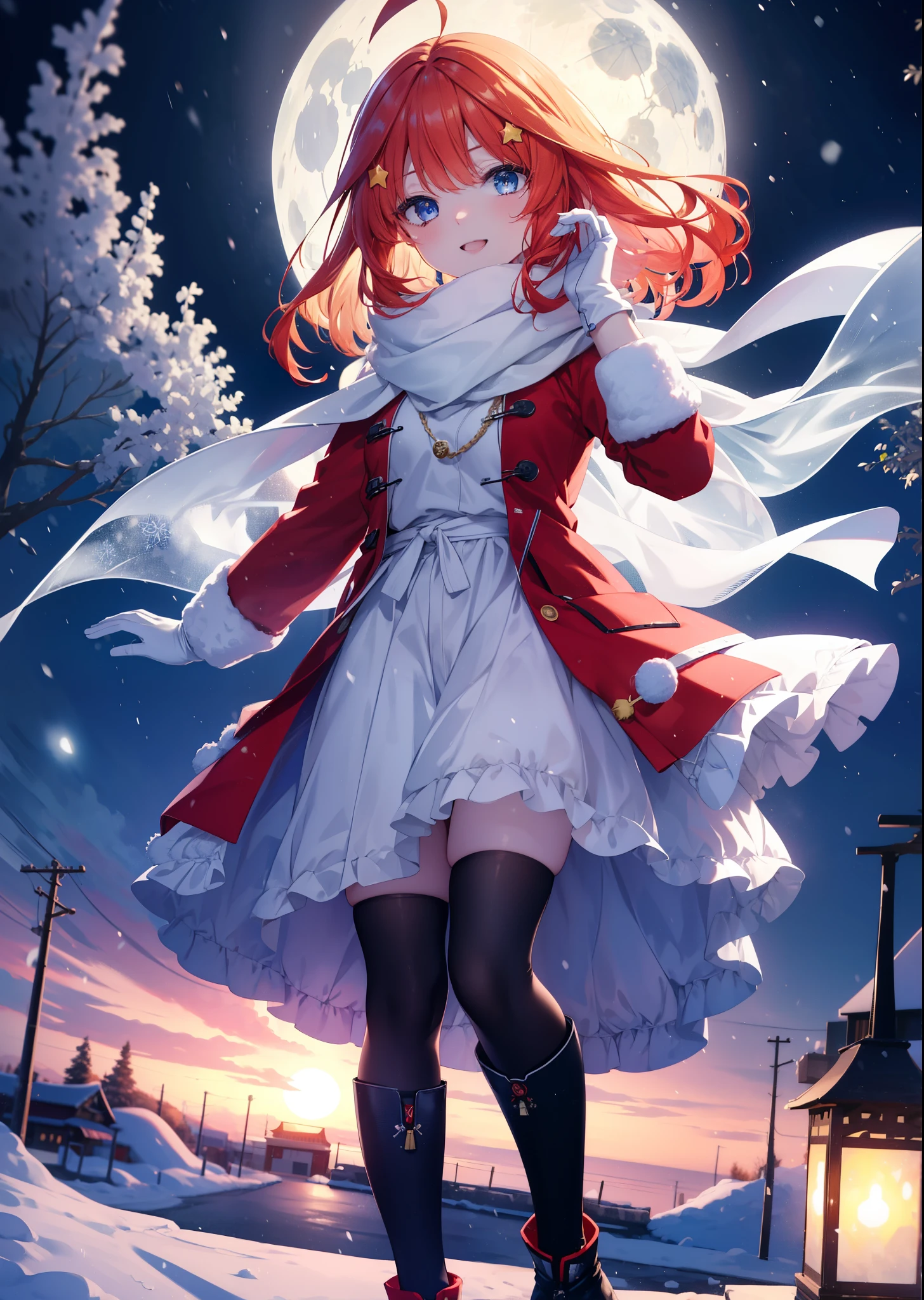 itsukinakano, itsuki nakano, bangs, blue eyes, hair between eyes, Ahoge, redhead, star \(symbol\)happy smile, smile, open your mouth,, hair ornaments, star hair ornaments,red coat,short braided hair,white scarf,white sweater,He wears fluffy gloves on both hands.,long skirt,black pantyhose,short boots,It&#39;s snowing,It&#39;s snowing,winter,cold sky,moonlight,full moon,よる
break outdoors, In town,building street,
break (masterpiece:1.2), highest quality, High resolution, unity 8k wallpaper, (figure:0.8), (detailed and beautiful eyes:1.6), highly detailed face, perfect lighting, Very detailed CG, (perfect hands, perfect anatomy),