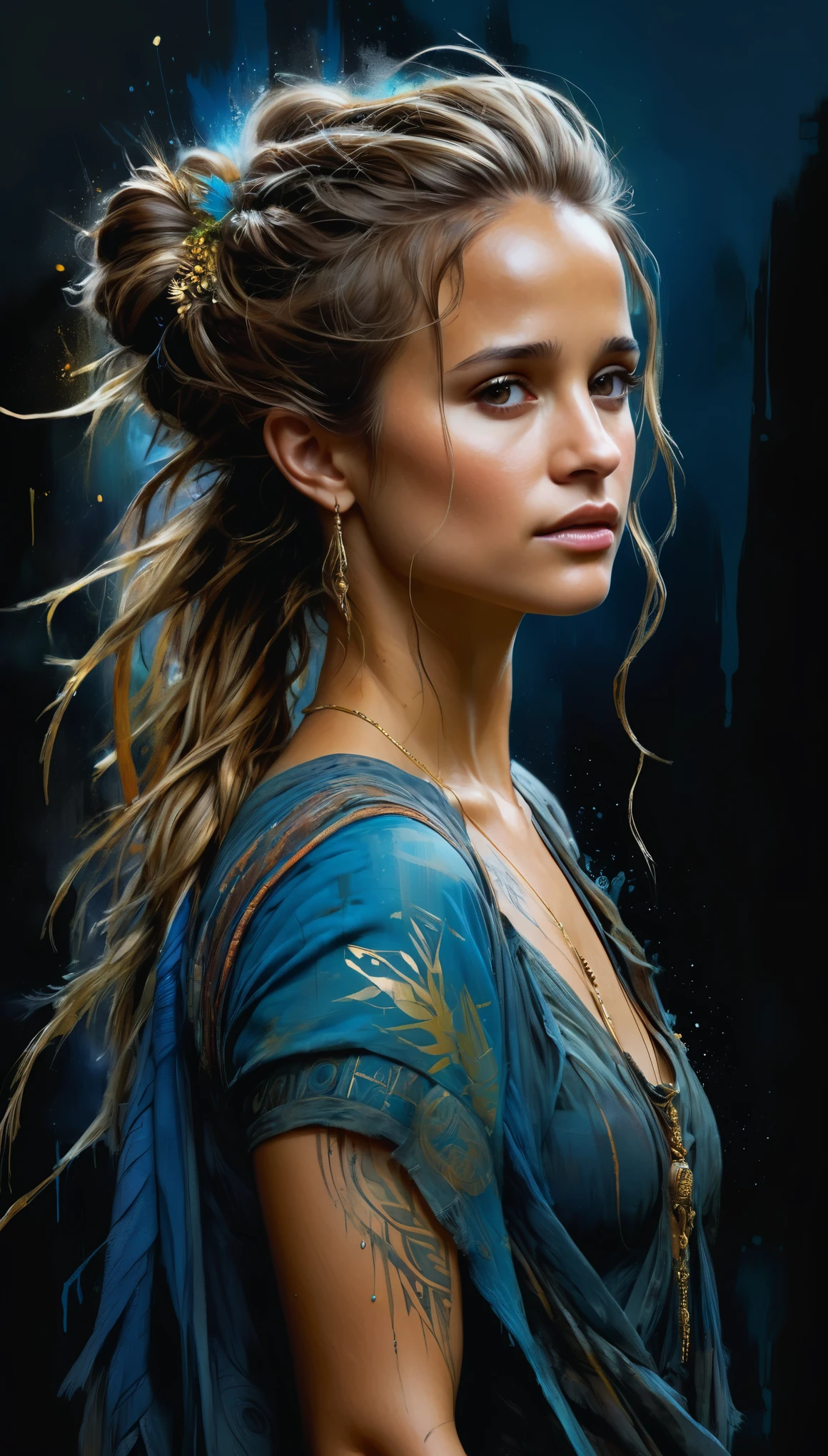 (Alicia Vikander:Elsa pataky), powerful sorceress,tribal tattoo, messy hair, Full body, Beautiful anime waifu style girl,hyperdetailed painting, luminism, art by Carne Griffiths and Wadim Kashin concept art, dark background, abstract beauty, approaching perfection, pure form, golden ratio, minimalistic, dark atmosphere, unfinished, concept art, by Brian Froud and Carne Griffiths and Wadim Kashin and John William Waterhouse, intricate details, 8k post production, high resolution, hyperdetailed, trending on artstation, sharp focus, studio photo, intricate details, highly detailed, by greg rutkowski