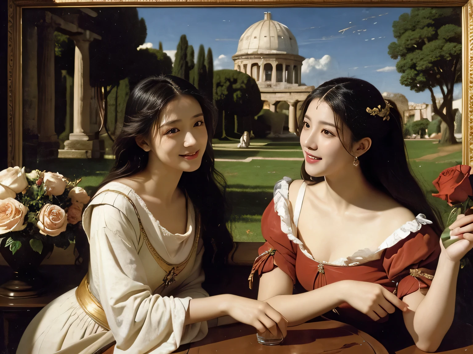 Giorgione painting style,Arguments of two female Philosophe,math、astronomical machine、astronaut、roses in vase、fruits、Cute trinkets、smile、ancient greek costume、Ancient Roman landscape in the style of Nicolas Poussin,laughter,,Sweet and seductive appearance.、Caravaggio's paintings、Chiaroscuro of Caravaggio、hair tousled by the wind,Two women frolicking,cute smile, expression of ecstasy,Sexy,erotic 