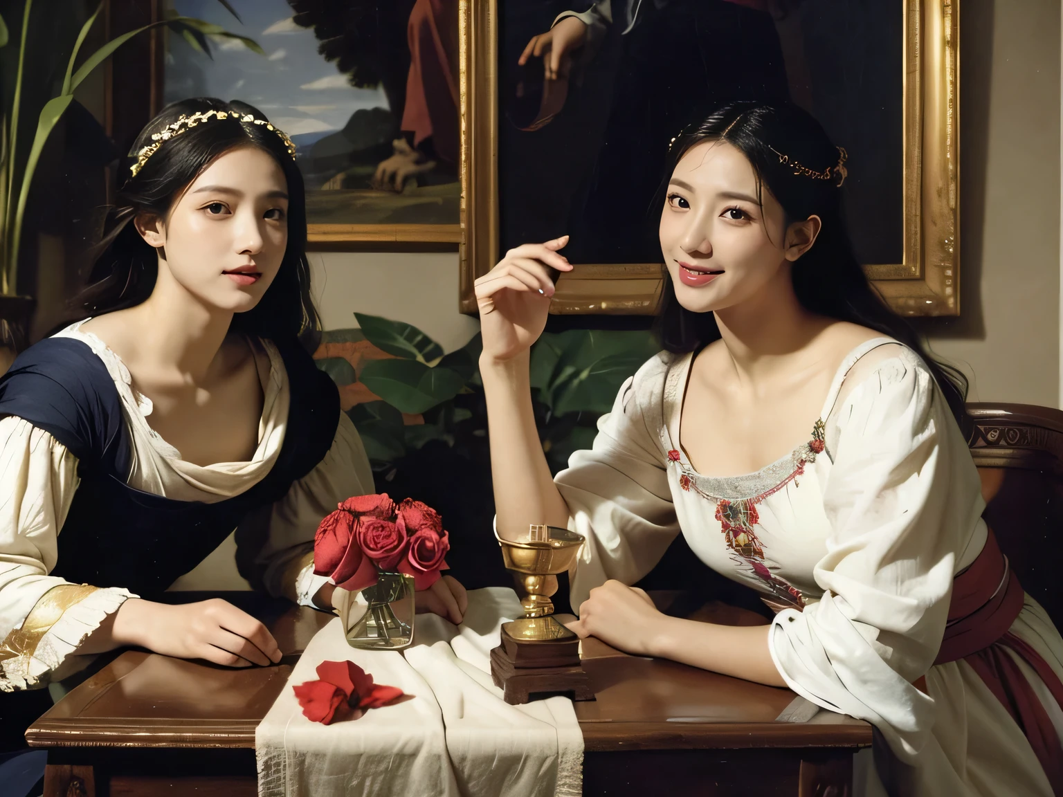 Giorgione painting style,Arguments of two female Philosophe,math、astronomical machine、astronaut、roses in vase、fruits、Cute trinkets、smile、ancient greek costume、Ancient Roman landscape in the style of Nicolas Poussin,laughter,,Sweet and seductive appearance.、Caravaggio's paintings、Chiaroscuro of Caravaggio、hair tousled by the wind,Two women frolicking,cute smile, expression of ecstasy,Sexy,erotic 