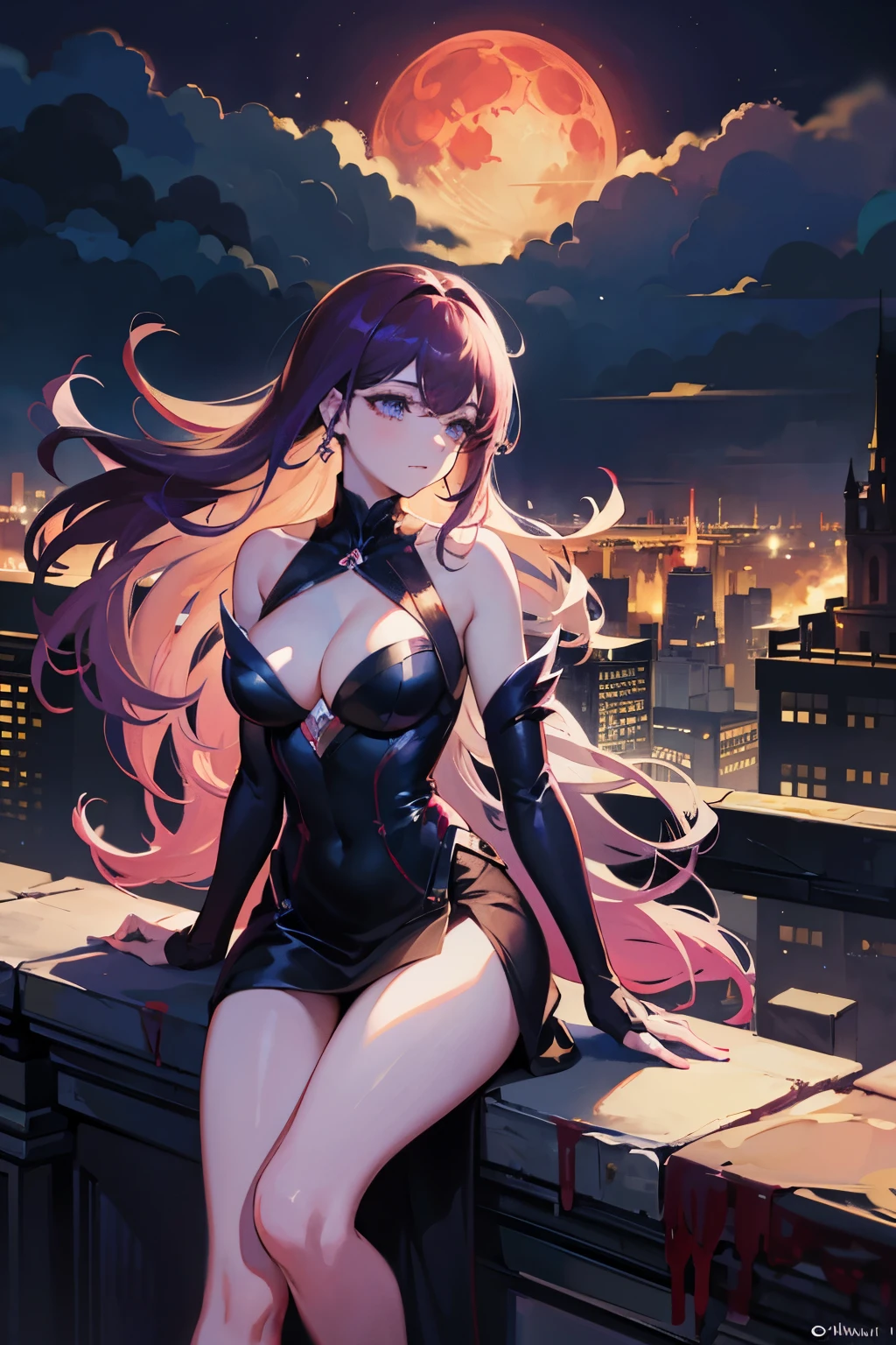 Girl with enchanting allure, half angel and half devil, gracefully perched atop a towering high building, looking down upon the city below with a thoughtful expression. Her captivating presence was accentuated by a shimmering purple aura that radiated around her. The night sky was adorned with the ominous glow of a blood moon, casting long, dramatic shadows on the cityscape. Every detail of this scene was rendered in mesmerizing 4k resolution, creating an unforgettable masterpiece. The wind played with her long, flowing hair, adding an ethereal silence to the air as she gazed out into the velvety night.