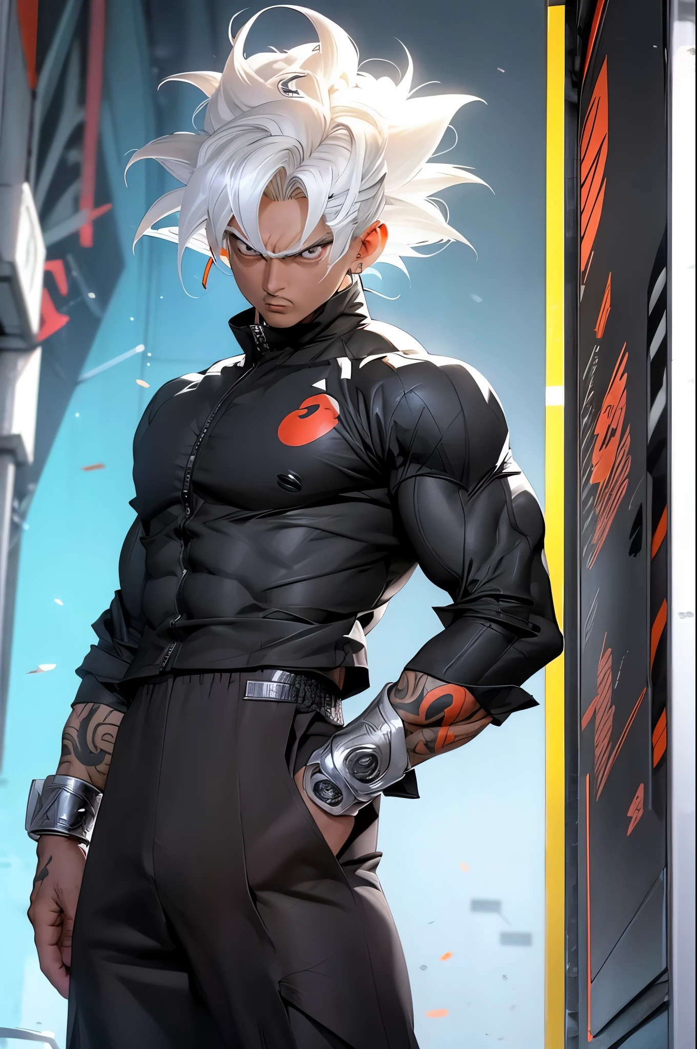 trunks, super saiyan god, exquisite hair, arm depiction, white hair , blue hair on lower arm, purple energy glowing, exquisite shoes, eye depiction, exquisite long hair, popmart blind box, clay texture, stepping on the land, black and white background, natural lighting, most good quality, super detail, 3D art, c4d, OC renderer, 3D rendering, 8k, in a cyberpunk city, neon lights, puddles reflecting like mirror