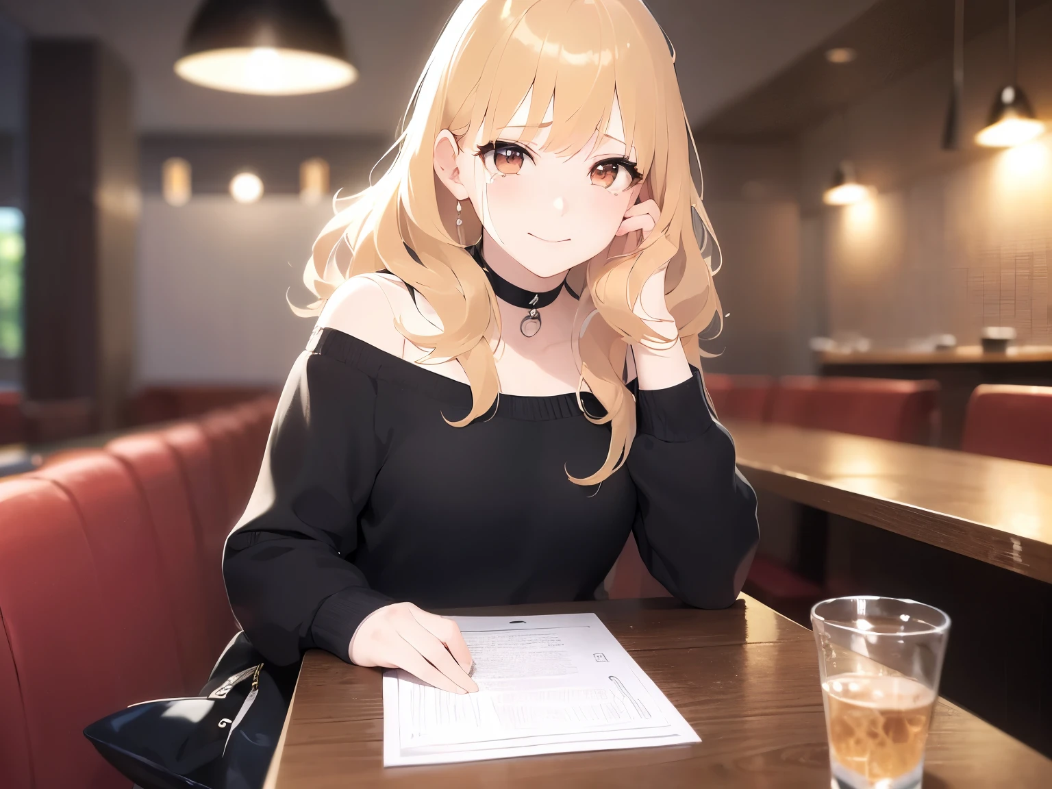 Upper Body, Realistic, real person, (pale skin: 1.2), RAW photo, photorealistic, portrait photography, shiny skin, japanese idol、shiny hair、(25 year old woman with medium hair with blonde bangs) and (wavy hair) and (orange eyes) , (tears:1.2), smile, She wears a black off-the-shoulder blouse、The background is the interior of a restaurant at night.、Alone、sitting