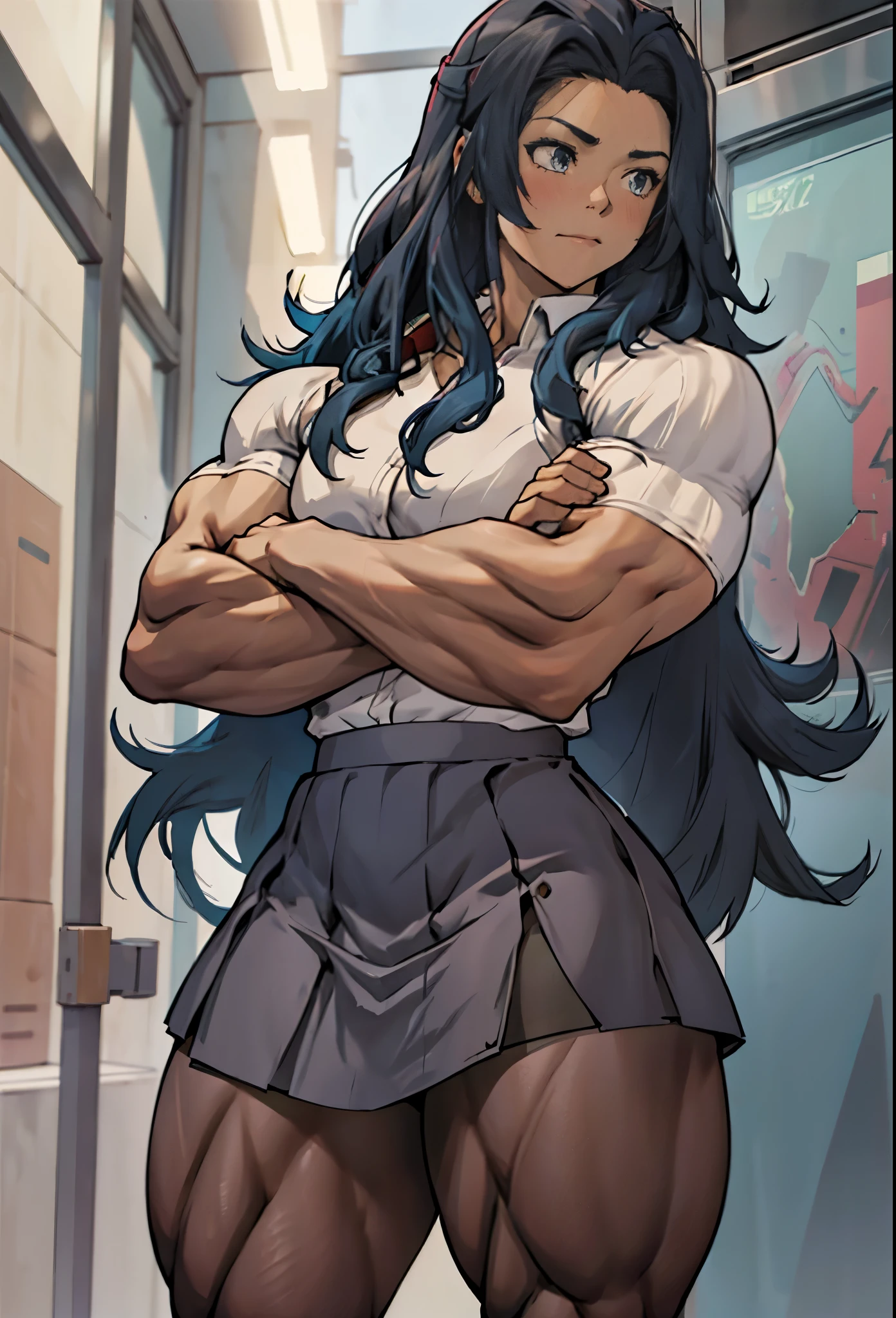 1girl,, long hair, , biceps, thick arms,muscular thighs, panties under pantyhose, skirt,alternate muscle size, , muscular female,muscular