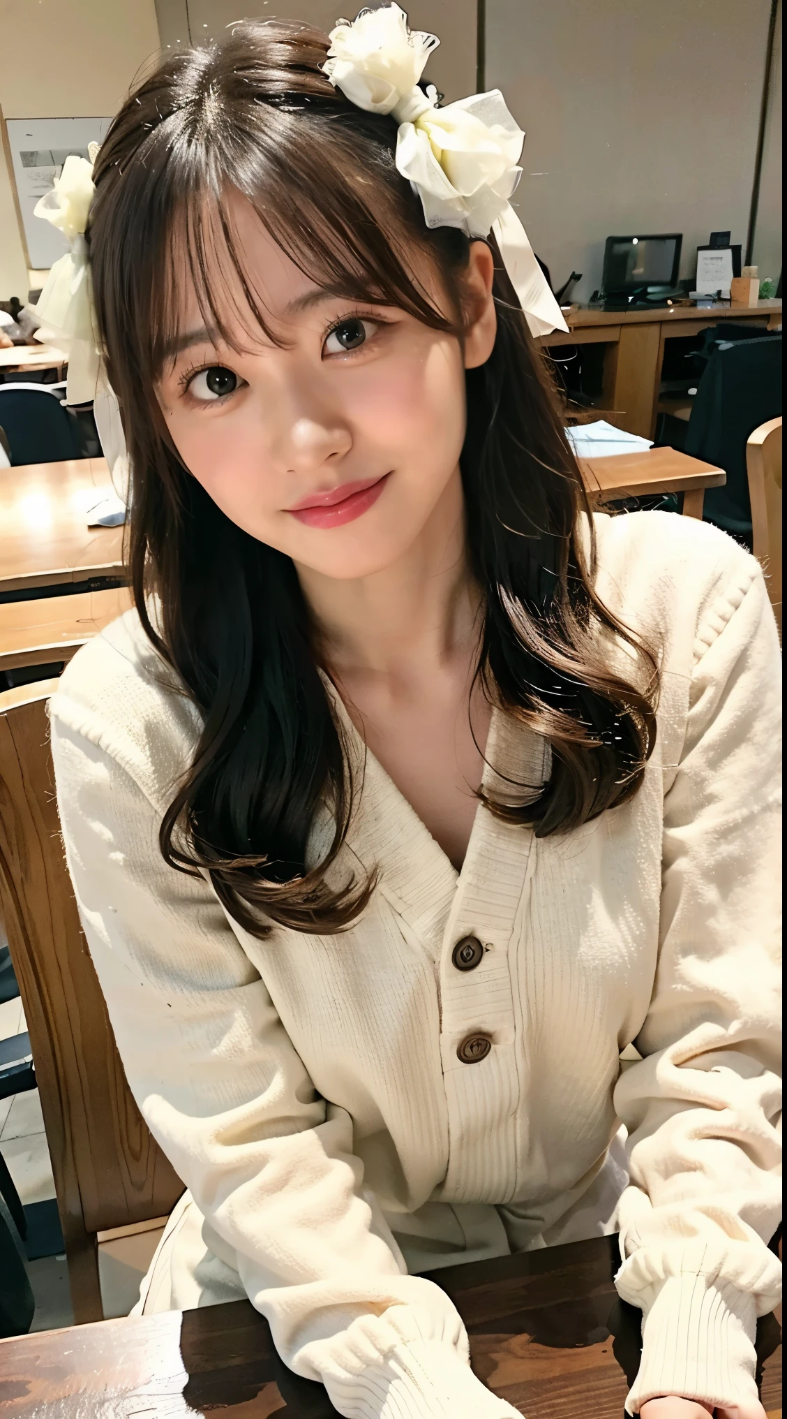 (8K、Raw photo、highest quality、masterpiece:1.2)、(realistic、Photoreal)、Korean、Beauty、(very big breasts:1.1)、long sleeve white knit、(Place your chest completely on the table:1.3)、lean on the table、From the chest down is covered by the table、Shooting through the table、sit on a chair、(library:1.1)、perfect limbs、natural smile、detailed facial expressions、from the front、So that I can feel the weight of my chest、Angle from below