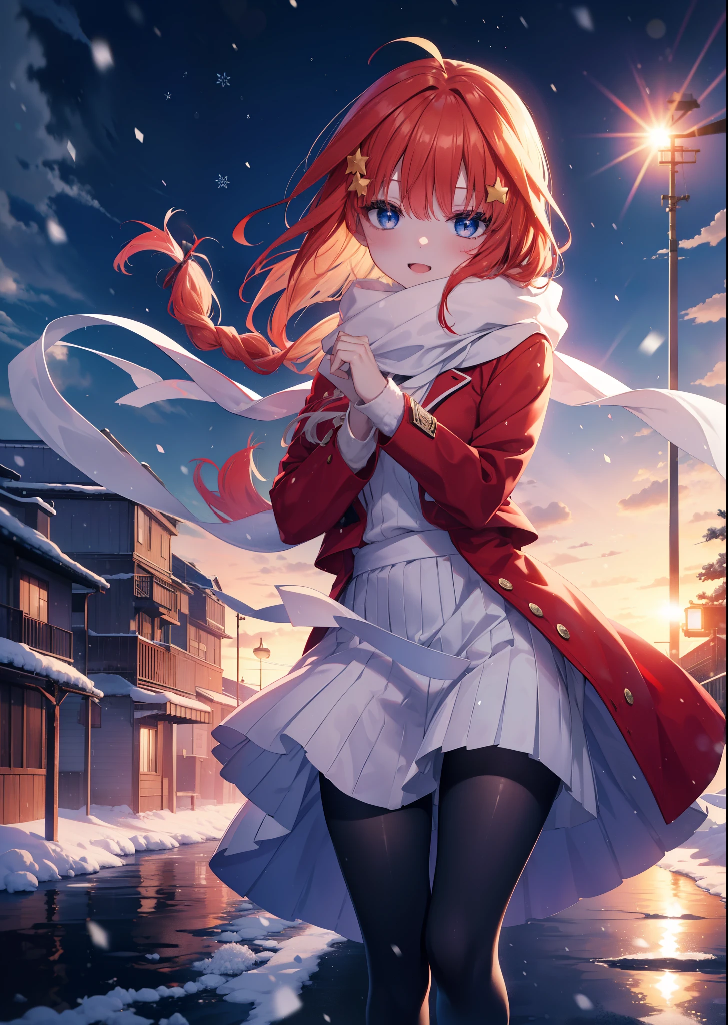 itsukinakano, itsuki nakano, bangs, blue eyes, hair between eyes, Ahoge, redhead, star \(symbol\)happy smile, smile, open your mouth,, hair ornaments, star hair ornaments,red coat,short braided hair,white scarf,white sweater,He wears fluffy gloves on both hands.,long skirt,black pantyhose,short boots,It&#39;s snowing,It&#39;s snowing,winter,cold sky,moonlight,full moon,よる
break outdoors, In town,building street,
break (masterpiece:1.2), highest quality, High resolution, unity 8k wallpaper, (figure:0.8), (detailed and beautiful eyes:1.6), highly detailed face, perfect lighting, Very detailed CG, (perfect hands, perfect anatomy),