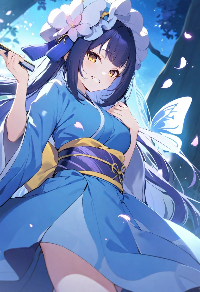 shy lily/(Twitch/),on the table, best quality, 1 girl in, Butterfly, loopholes, alone,triangular headpiece, Tree, Common, folding fan, petal, wide sleeves, sash, Smile, kimono, long sleeve, thug hat, looking at the audience, Heart, skirt, frills, breast, night, Dutch Cape, Blue skirt, yellow eyes, veil, 蓝色kimono, Keep, Butterfly结丝带, blazing, medium breast