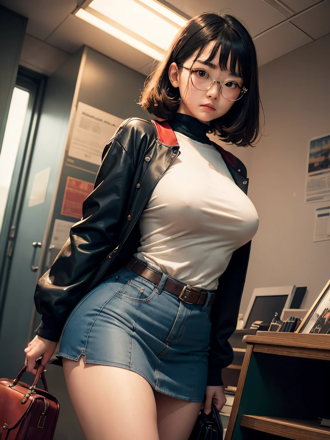 Katsuhiro Otomo, Edwin Georgi, Surreal, mysterious, bizarre, fantastical, fantasy, Sci-fi, Japanese anime, art museum library, workshop for extracting the souls of dolls, bus crossing the lake, canals all over the city, beautiful high school girl in miniskirt, perfect voluminous body, detailed masterpiece Hyper realistic sharp focus cinematic lighting seduction depth of field coquettish provocative real