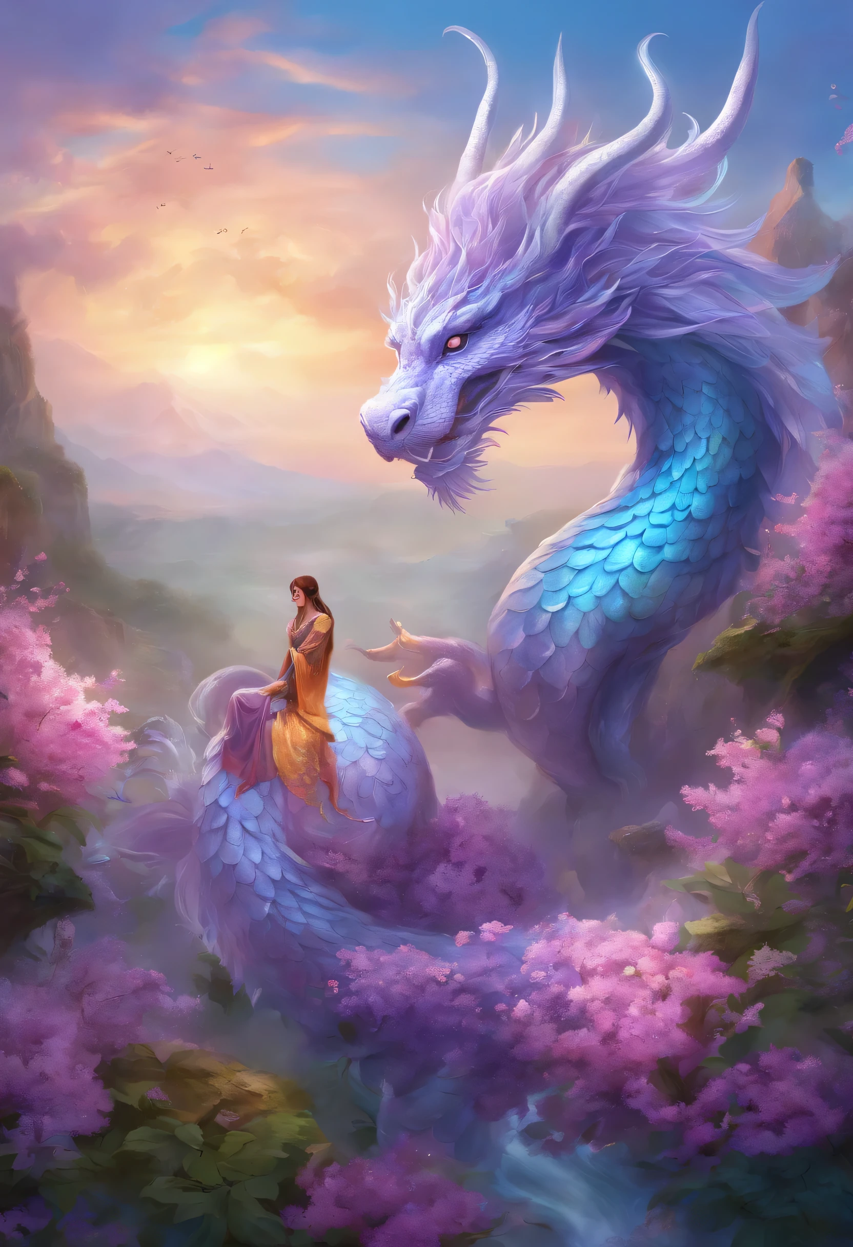 "Very nice 3d rendering of a lilac Chinese dragon,The dragon's face is kind、The background is a light blue flower garden、The dragon is holding a crystal ball with its paws、Dynamic performance, Vibrant effects and details,best image quality,High resolution,