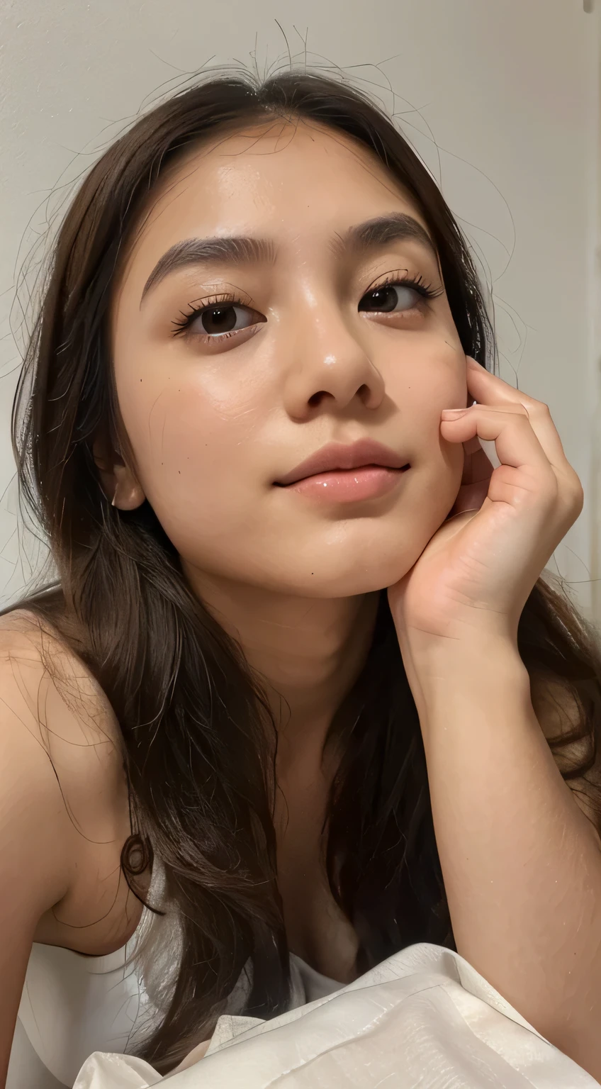 RAW, Best quality, high resolution, masterpiece: 1.3), beautiful asian woman, Masterpiece, perfect fit body, big breasts, beautiful eyes, ((tucked hair)), brown hair, open stand, Soft smile, thick thighs, Beautiful limbs, she is about 20 years old, pale skin Indonesian girl, beautiful woman, soft lighting, soft shadow, vibrant color, (dynamic lighting), (tight outfit), (looking at camera), beach background