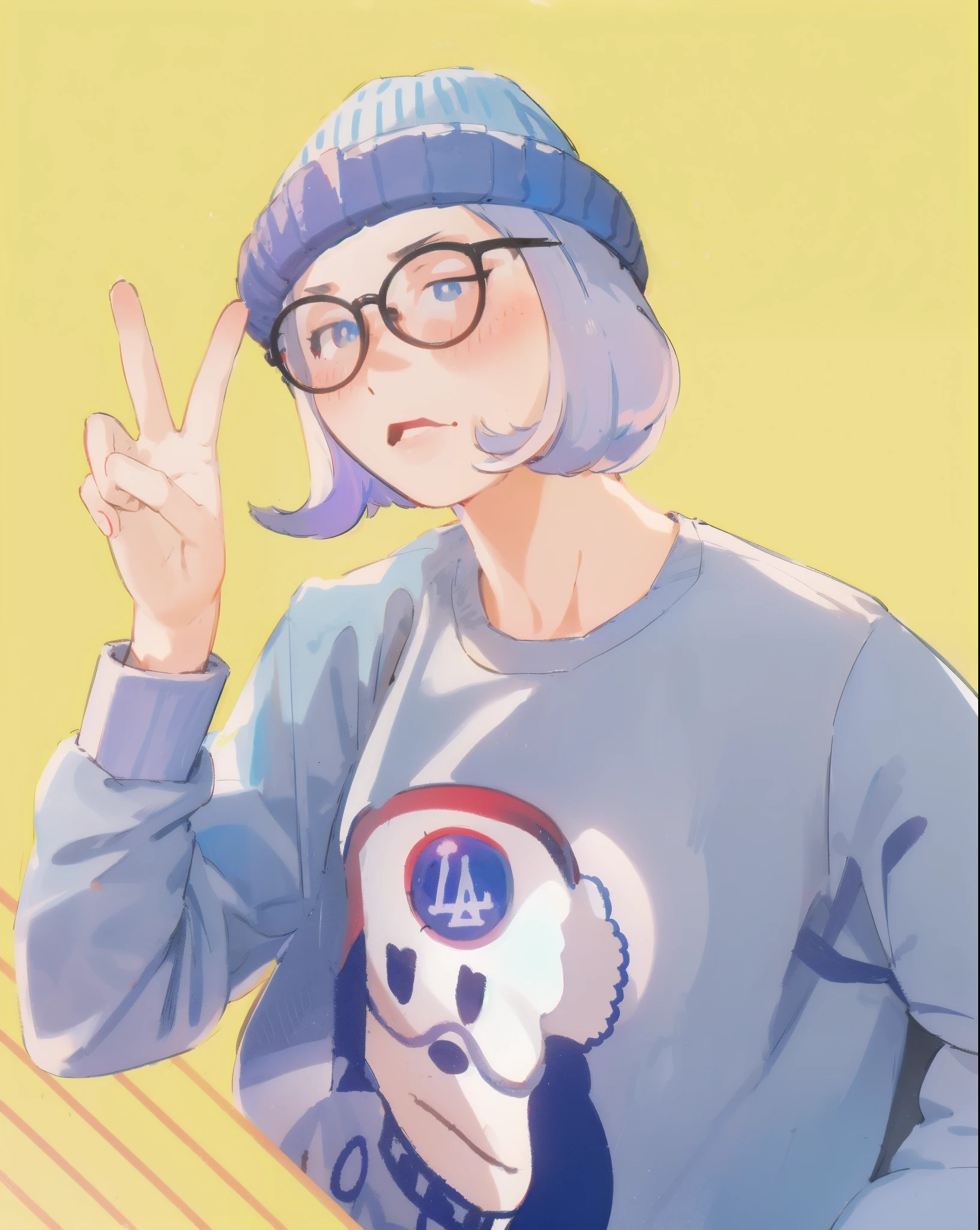 sam yang style (best quality:1.1), perfect anime illustration, detailed eyes, detailed face, a girl wearing glasses and blue hat with blue hair posing for a picture, character design, rossdraws global illumination, sots art, Artgerm, crayon texture, sketch, painting, traditional media