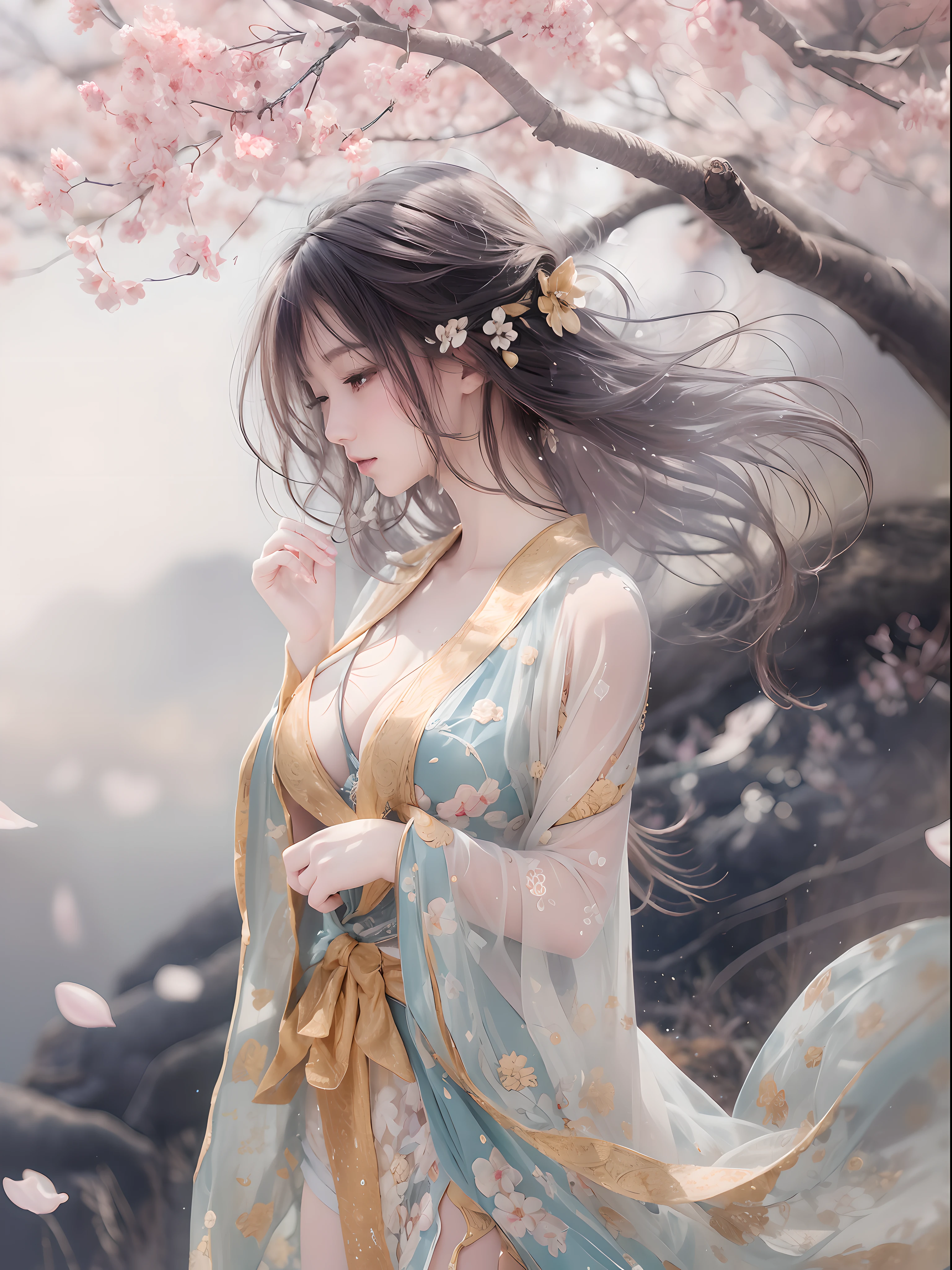 loose clothes、bare shoulders、How to wear a dress with a damaged see-through halter neck、Decorated with intricate patterns and bright colors、Transparent material,Leave skin glowing、Artistic depiction of seductive woman wearing wet muslin and transparent skin robe, Floral and dreamy patterns with flowing silky traditional sheer skin。Her dress hugged her curves elegantly、Emphasize her charming silhouette。She is the gentle night of fireworks、dynamic posing、sexy pose、Bathed in the soft moonlight。The scene is、With a touch of mystery and sensibility、Exudes an ethereal and dreamy atmosphere。Image style is、A fusion of watercolor and digital illustration techniques.、Let you feel the exquisite beauty and charm。Soft moonlight lighting、Casts soft highlights and shadows on her stunning features。dynamic posing、bold gesture、hand somewhere、see through、show through、a sexy、wet hair、wet、Cherry tree、petal、Cherry blossoms、Cherry blossoms树、Sakura Blizzard、bury、clear skin、wet clothes、chest stretch、translucent clothes、on the water、
