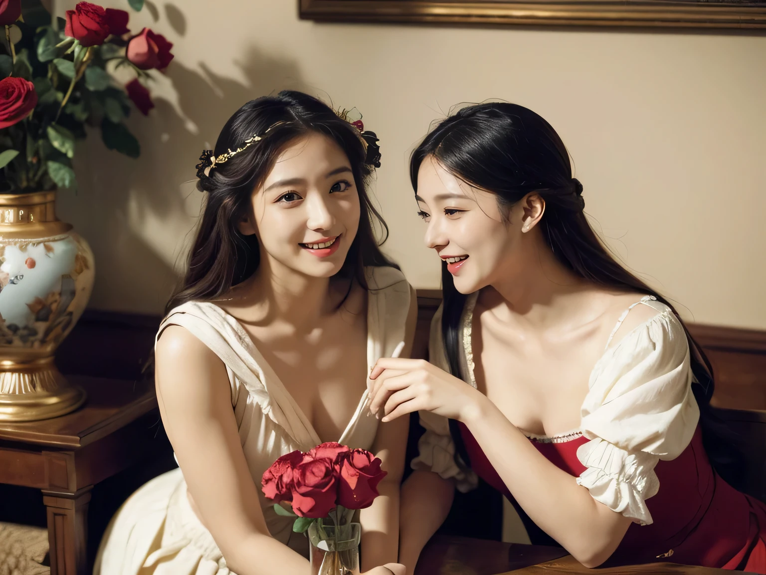 Giorgione painting style,Arguments of two female Philosophe,math、astronomical machine、astronaut、roses in vase、fruits、Cute trinkets、smile、ancient greek costume、Ancient Roman landscape in the style of Nicolas Poussin,laughter,,Sweet and seductive appearance.、Caravaggio's paintings、Chiaroscuro of Caravaggio、hair tousled by the wind,Two women frolicking,cute smile, expression of ecstasy,Sexy,erotic