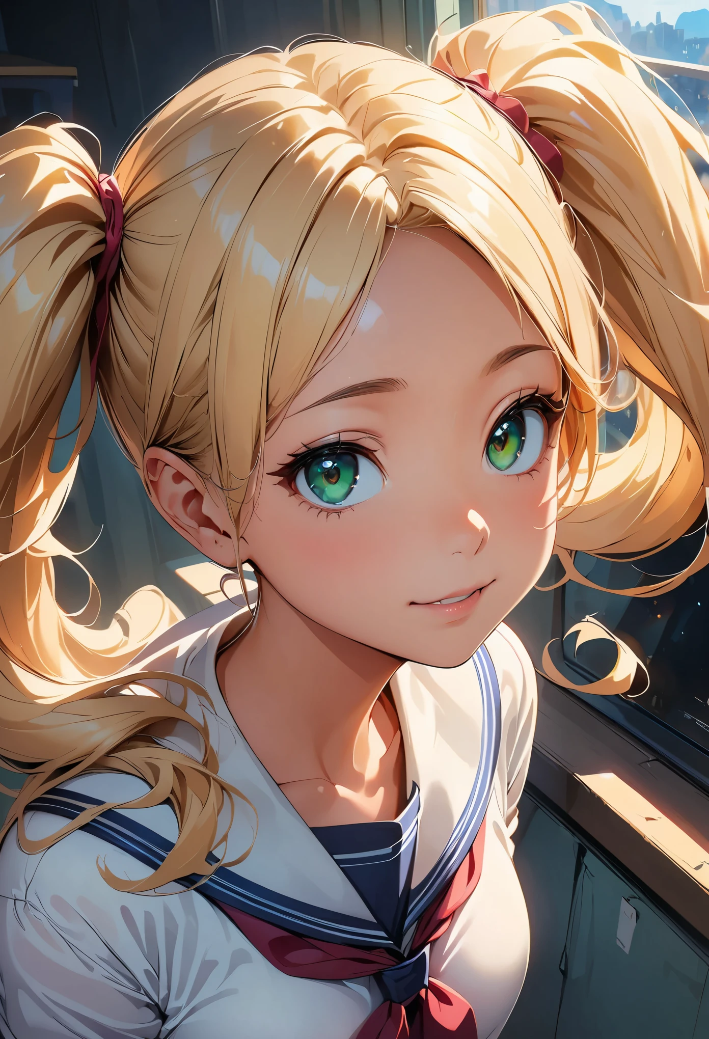 concept:美しいwomanの肖像画。 quality:(最高quality, 4k, High resolution, masterpiece:1.2), Super detailed, (anime style, photorealistic:1.37), lighting effects:strong contrast, Bright colors and mesmerizing effects, Soft and delicate lighting, gentle shine, Subject information:alone, ((woman)), (round eyes), (small face), (high detail skin:1.2), long eyelashes, glossy lips, (blonde, twin tails, green eyes), (slim body shape), Highly detailed face and skin texture, (Joyful), (sailor suit), droopy eyes, look up, upper glance, seductive thighs, Other details:((Photographed from above)), school classroom:1.5, beautiful skin, shiny skin, perfect fingers, five fingers, anatomically correct, background bokeh, ultra wide angle lens, 22㎜, f/1.2, photo shoot,