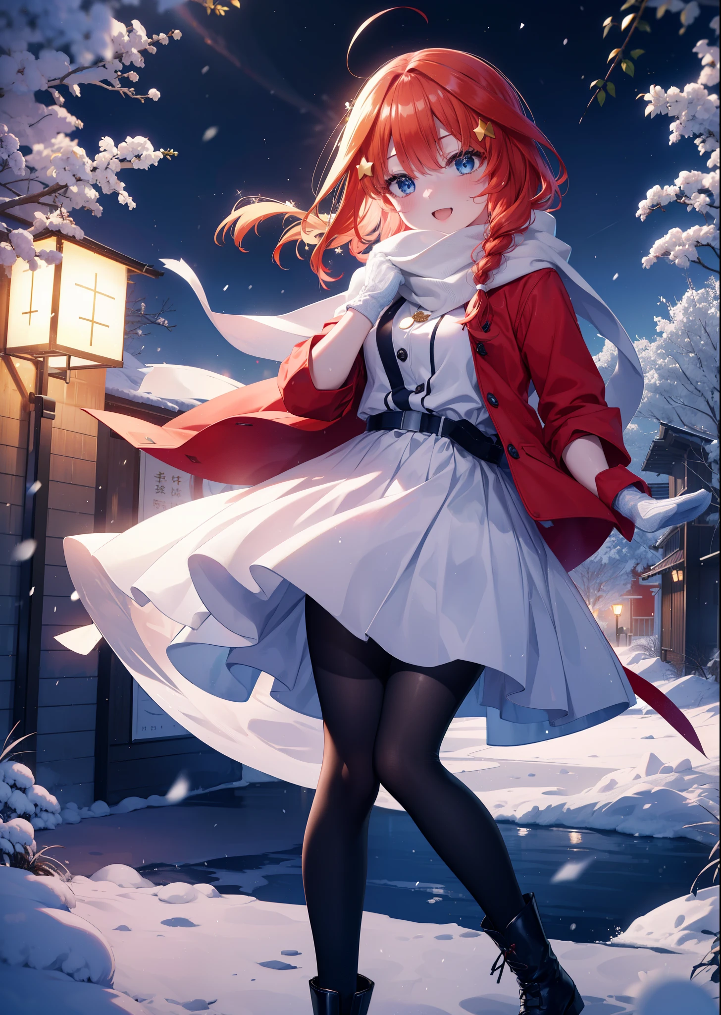 itsukinakano, itsuki nakano, bangs, blue eyes, hair between eyes, Ahoge, redhead, star \(symbol\)happy smile, smile, open your mouth,, hair ornaments, star hair ornaments,red coat,short braided hair,white scarf,white sweater,He wears fluffy gloves on both hands.,long skirt,black pantyhose,short boots,It&#39;s snowing,It&#39;s snowing,winter,cold sky,moonlight,full moon,よる
break outdoors, In town,building street,
break (masterpiece:1.2), highest quality, High resolution, unity 8k wallpaper, (figure:0.8), (detailed and beautiful eyes:1.6), highly detailed face, perfect lighting, Very detailed CG, (perfect hands, perfect anatomy),