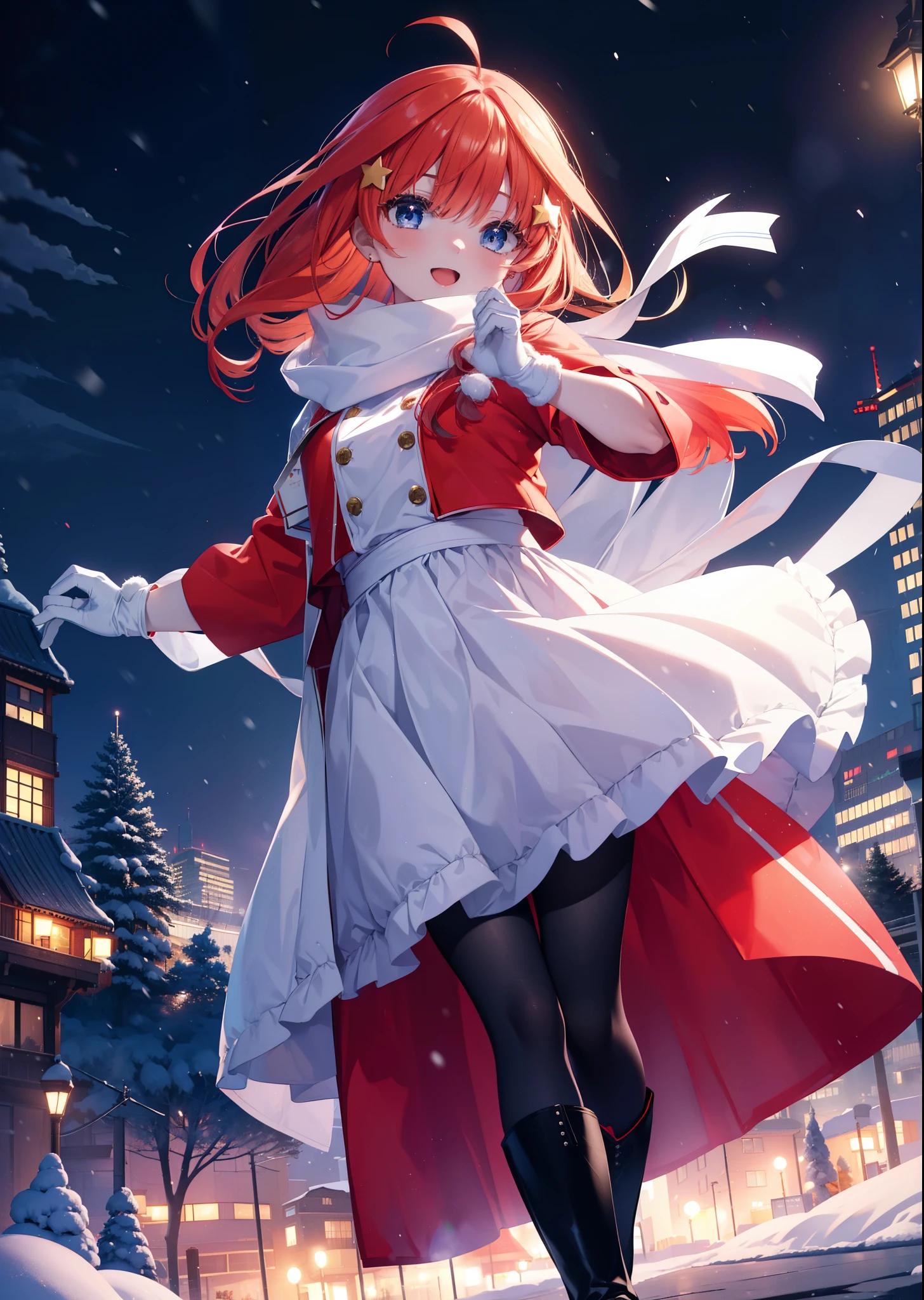 itsukinakano, itsuki nakano, bangs, blue eyes, hair between eyes, Ahoge, redhead, star \(symbol\)happy smile, smile, open your mouth,, hair ornaments, star hair ornaments,red coat,short braided hair,white scarf,white sweater,He wears fluffy gloves on both hands.,long skirt,black pantyhose,short boots,It&#39;s snowing,It&#39;s snowing,winter,cold sky,moonlight,full moon,よる
break outdoors, In town,building street,
break (masterpiece:1.2), highest quality, High resolution, unity 8k wallpaper, (figure:0.8), (detailed and beautiful eyes:1.6), highly detailed face, perfect lighting, Very detailed CG, (perfect hands, perfect anatomy),