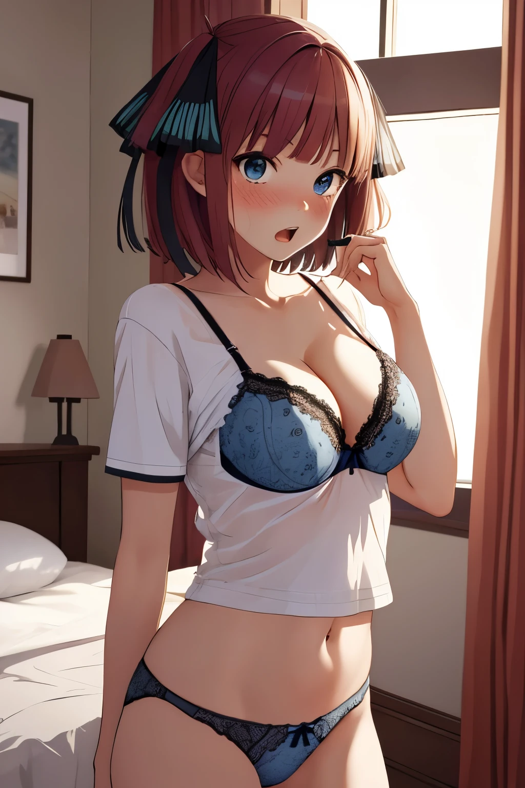 masterpiece, best quality, highres, nn1, 1girl, hair ribbon, short hair, t-shirt, nose blush, open mouth, lift up, undressing, lingerie, bra, cleavage, navel, panties, indoors, room, cowboy shot, standing, HD