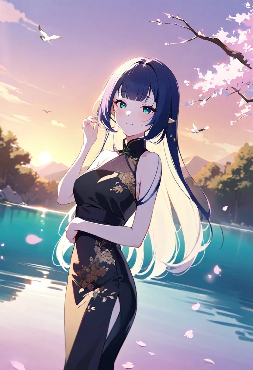 shy lily/(Twitch/),top quality, ink painting style, Fresh and elegant, clear lake, Positive face,cute and shy,Cherry blossoms fall as the sun sets, Black cheongsam golden pattern girl, Ride the flower wind to blow your head, A forest dotted with green leaves, birds singing happily, poetic scene