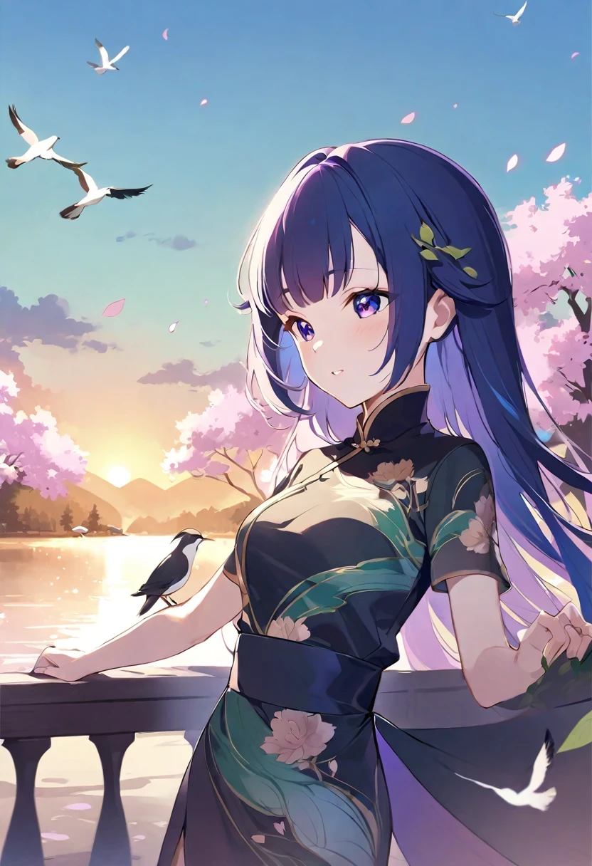 shy lily/(Twitch/),top quality, ink painting style, Fresh and elegant, clear lake, Positive face,cute and shy,Cherry blossoms fall as the sun sets, Black cheongsam golden pattern girl, Ride the flower wind to blow your head, A forest dotted with green leaves, birds singing happily, poetic scene