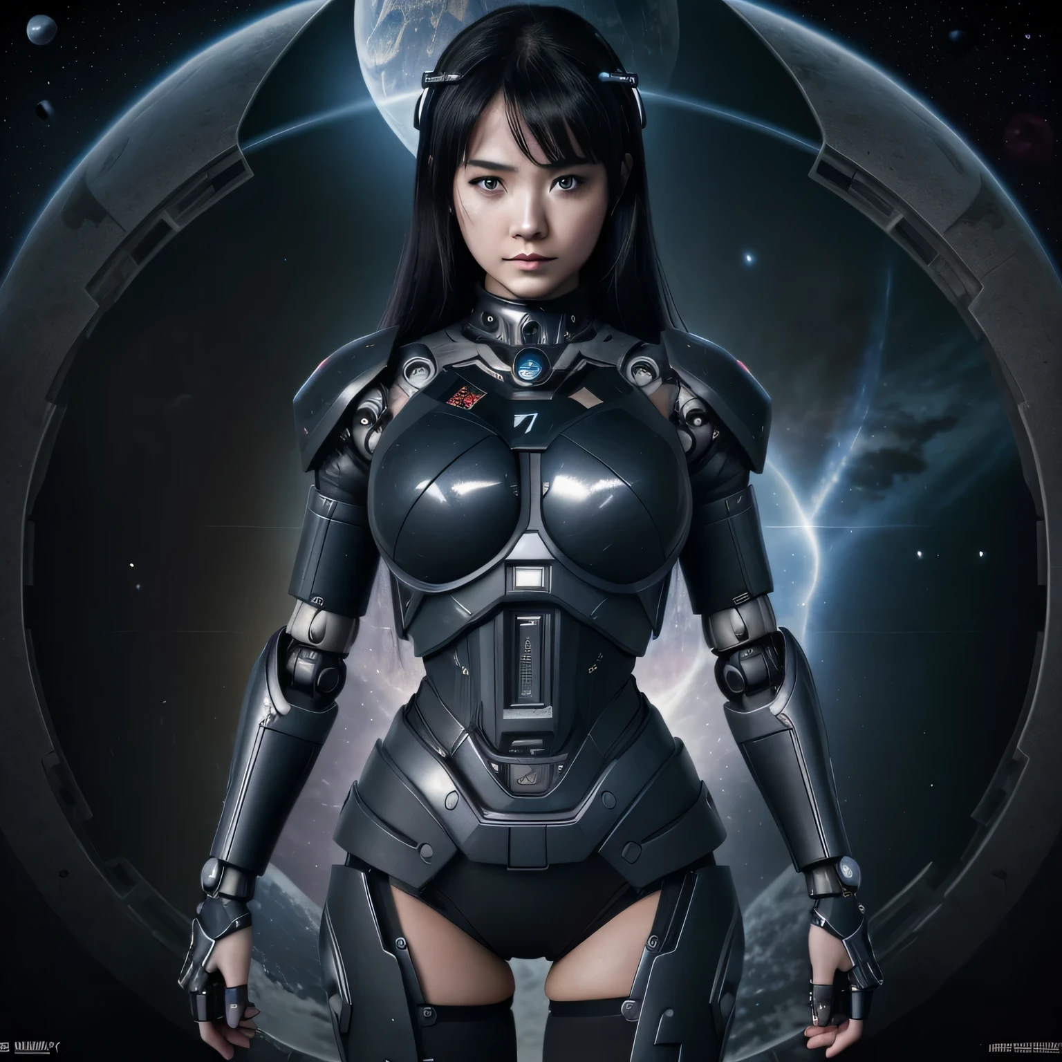 top-quality、Top image quality、masterpiece、Mecha Girl((18year old、Black and gray mechanical parts、Robot joints,Black tights,Bust 100、A dark-haired、Staring at the viewer、Breasts wide open,Large valleys、、Blue Eye、Dye cheeks、fighting poses))hiquality、depth of fields、Background with((World of the Apocalypse、Black sky))、Depth((planet earth)), 70% nude , nsfw