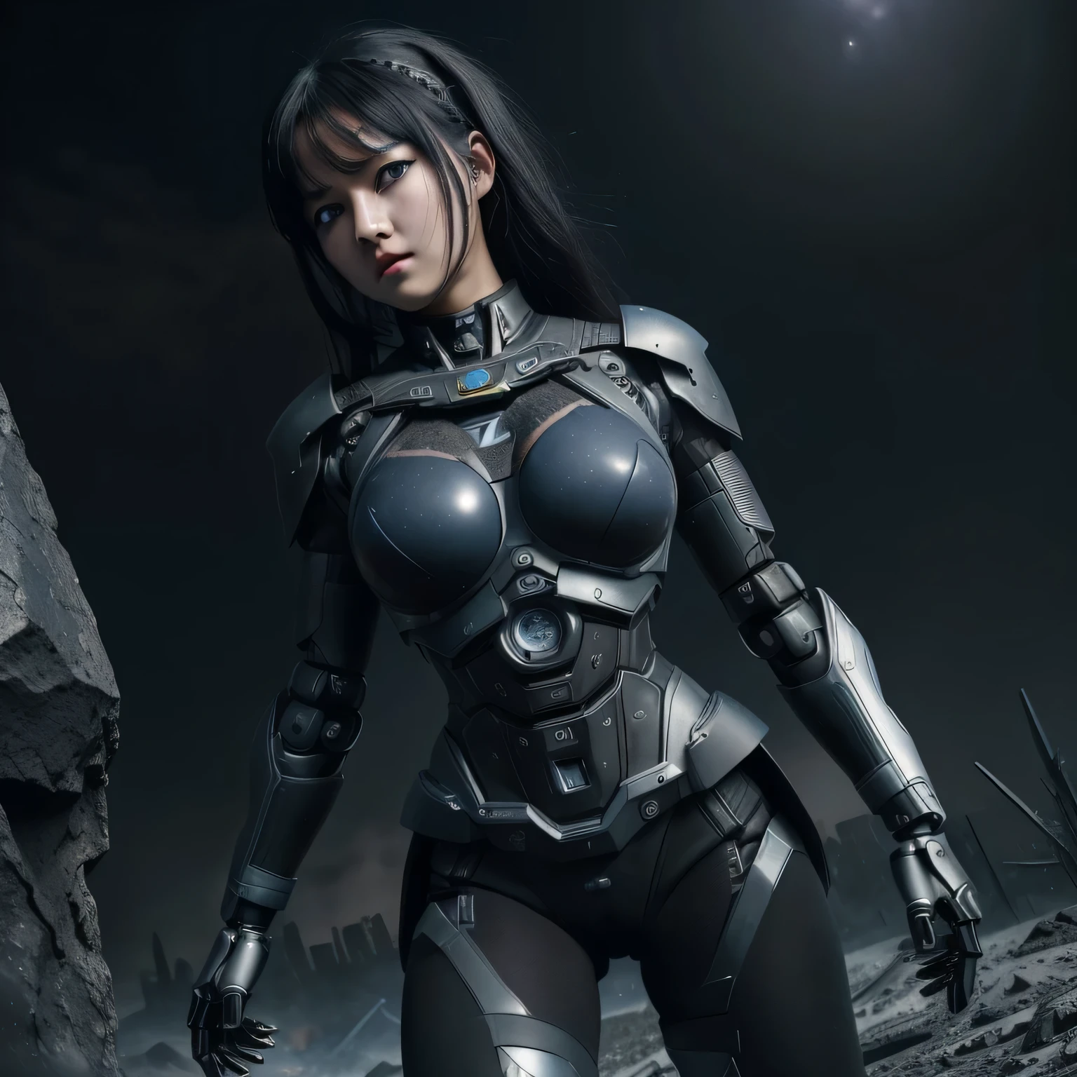 top-quality、Top image quality、​masterpiece、Mecha Girl((18year old、Black and gray mechanical parts、Robot joints,Black tights,Bust 100、A dark-haired、Staring at the viewer、Breasts wide open,Large valleys、、Blue Eye、Dye cheeks、fighting poses)）hiquality、depth of fields、Background with((World of the Apocalypse、Black sky))、Depth((planet earth)), 70% nude , nsfw
