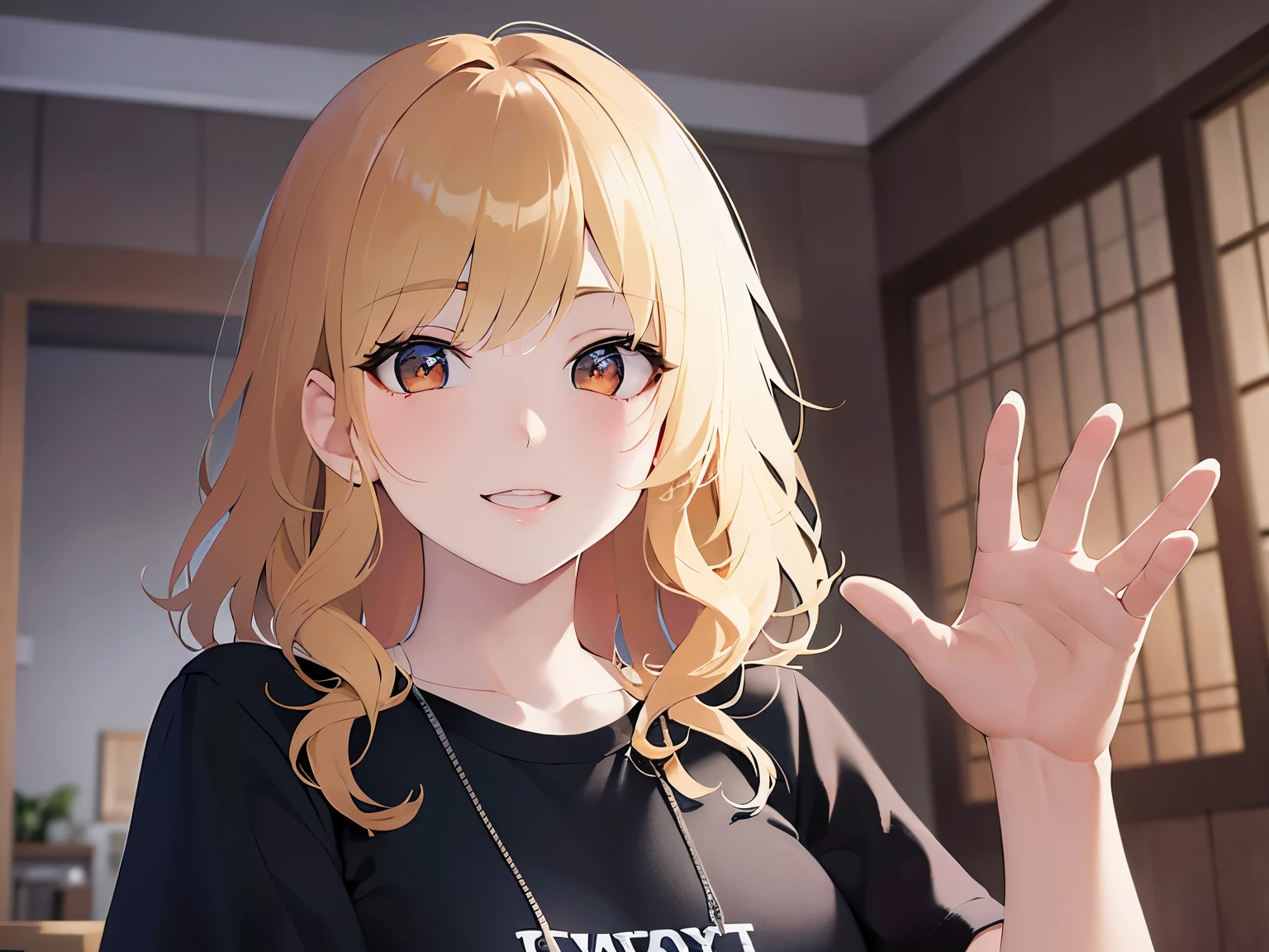 Waving hand、Upper Body, Realistic, real person, (pale skin: 1.2), RAW photo, photorealistic, portrait photography, shiny skin, japanese idol、shiny hair、(25 year old woman with medium hair with blonde bangs) and (wavy hair) and (orange eyes) , smile, wearing a black T-shirt、The background is the living room、Alone、Are standing