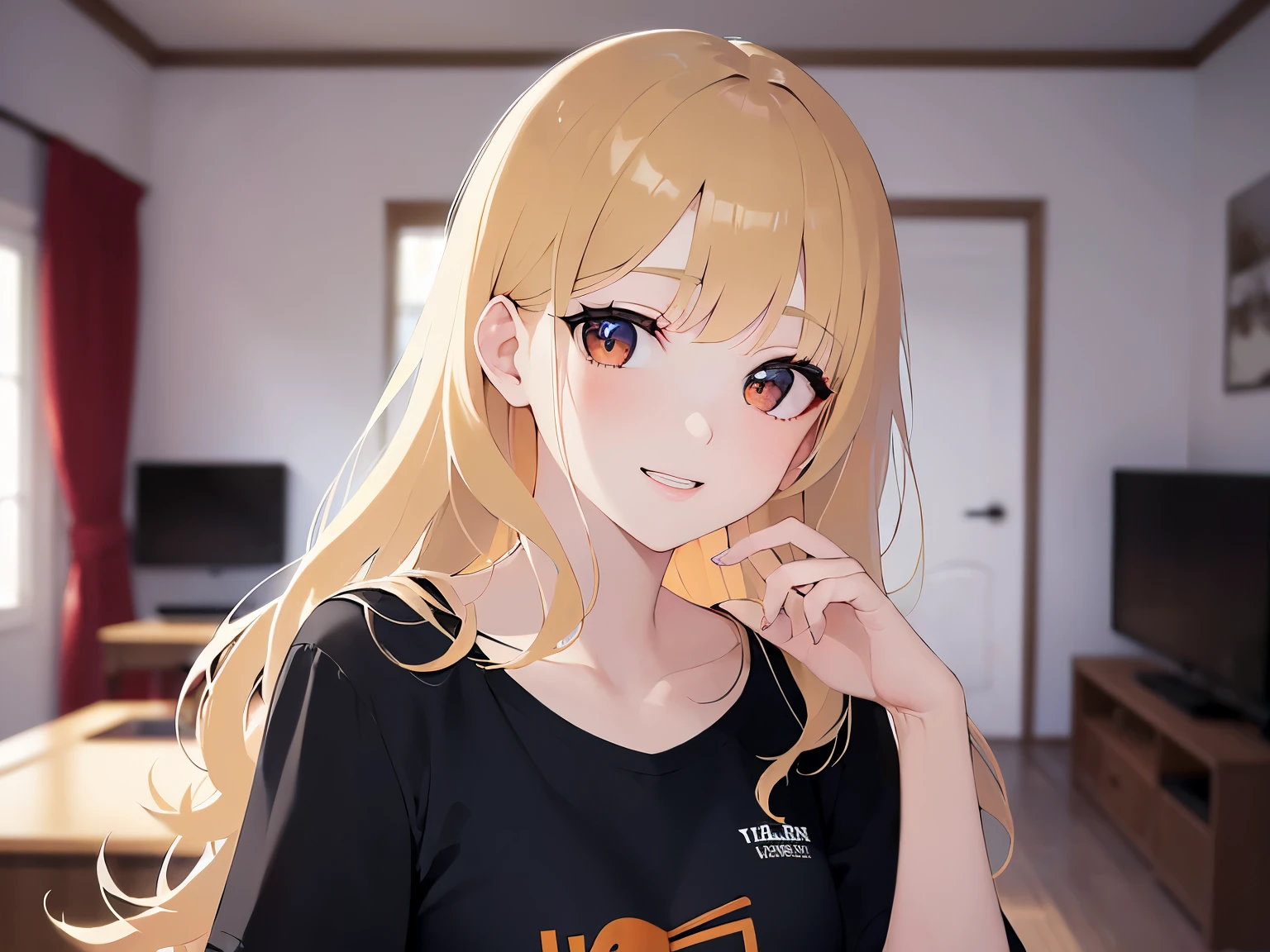 Waving hand、Upper Body, Realistic, real person, (pale skin: 1.2), RAW photo, photorealistic, portrait photography, shiny skin, japanese idol、shiny hair、(25 year old woman with medium hair with blonde bangs) and (wavy hair) and (orange eyes) , smile, wearing a black T-shirt、The background is the living room、Alone、Are standing
