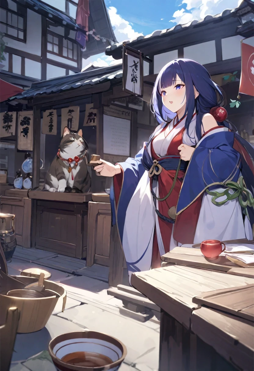 shy lily/(Twitch/), Under blue sky and white clouds,Teahouses line both sides of the ancient street,Tavern,pawnshop,workshop,There are also many small stalls in the open spaces on both sides of the street.,(woman wearing robe,There is a girl with a super delicate and delicate smile,Holding a fortune-telling flag in the right hand,Wearing a vine bracelet on the left hand,rosary beads,approximately 20 years old,4K high quality photos),((Gray and black stripes,Tanuki)),4k quality