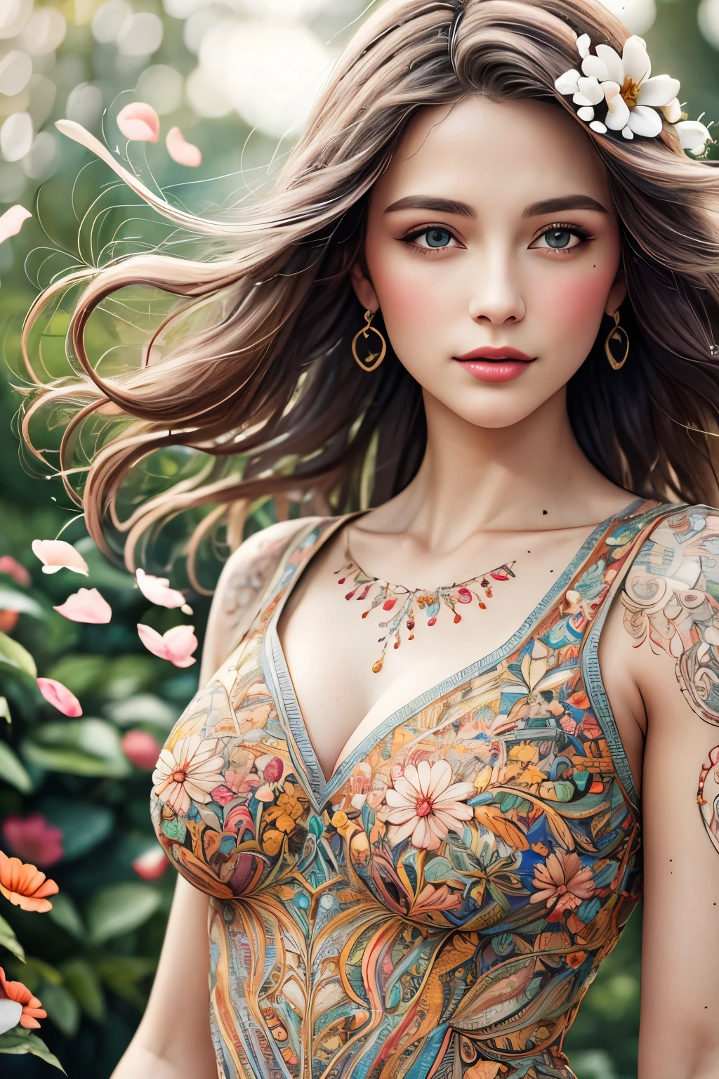 best quality, 8k, highres, masterpiece, ultra-detailed, realistic, a woman in Colorful lace dress, Colorful petals of flowers float in the air, bright sun colors, shallow depth of field, soft atmospheric scenes, powerful portraits, perfect anatomy, best quality, highres, realistic photo, professional photography, cinematic angle, dynamic, light shining, zentangle style