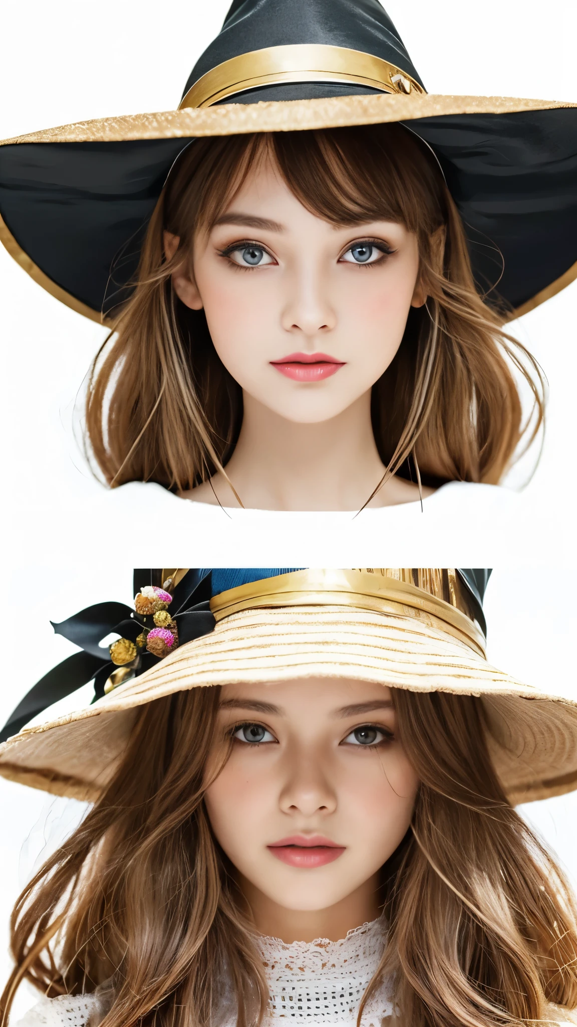 (masterpiece), (works of art), (great work), (fine eyes), (delicate skin), (unusual eyes), (colorful), (short white hair with bangs), (sparkling eyes), (1 girl) with witch&#39;s hat, Ancient, old, wearing luxurious medieval clothing, masterpiece, highest quality, best designer, best illustrations