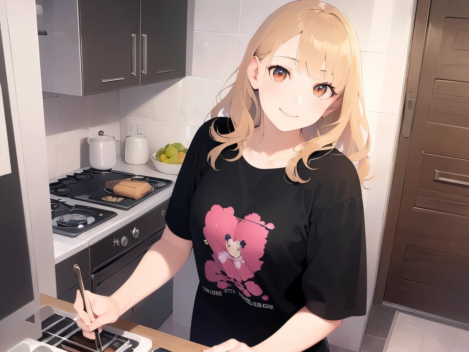 Upper Body, Realistic, real person, (pale skin: 1.2), RAW photo, photorealistic, portrait photography, shiny skin, japanese idol、shiny hair、(25 year old woman with medium hair with blonde bangs) and (wavy hair) and (orange eyes) , smile, wearing a black T-shirt、The background is the kitchen、Alone、Are standing、cooking