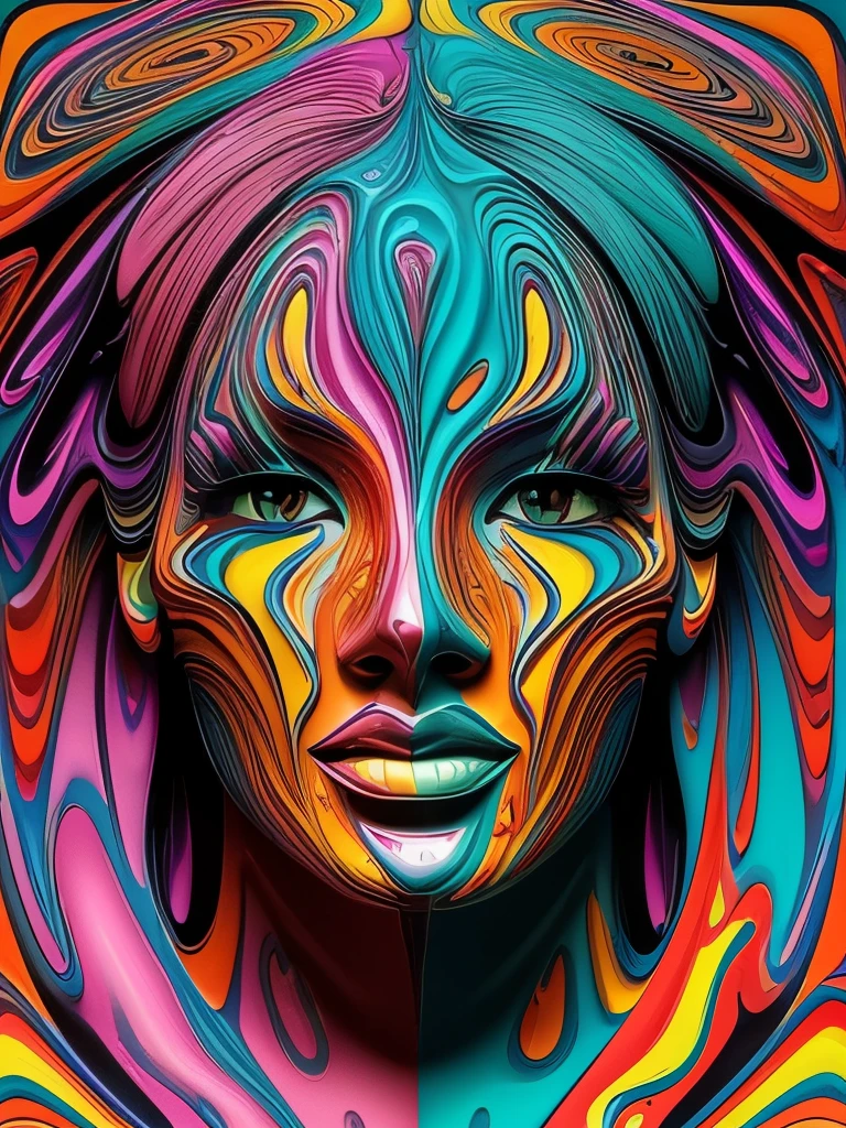 (a person with features distorting and melting into vibrant, abstract patterns),(artistic indoor setup),(photoshop post-processing to exaggerate features and colors),(melting face),(animated),(trippy),(surreal),(vibrant),(abstract),(psychedelic),(fluidity),(conceptual),(psychedelic art)