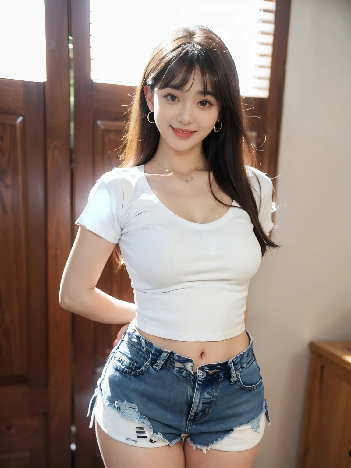 8k, highest quality, real image, intricate details, Super detailed, ultra high resolution, depth field,(realistic,realistic:1.2), from the middle, 1 Japanese girl, very beautiful 17 year old girl, Big eyes, beautiful breasts:1.5、fine eyes), (beautiful breasts:1.1), (small breasts:1.3), curly hair、bangs, perfect skin, Fair skin, (huge hips:1.3), (thick thighs:1.4), (thick legs 1.4), tight waist, alone, looking at the viewer, (smile:1.1), (white t-shirt:1.2), (jeans:1.2), break (closed mouth)