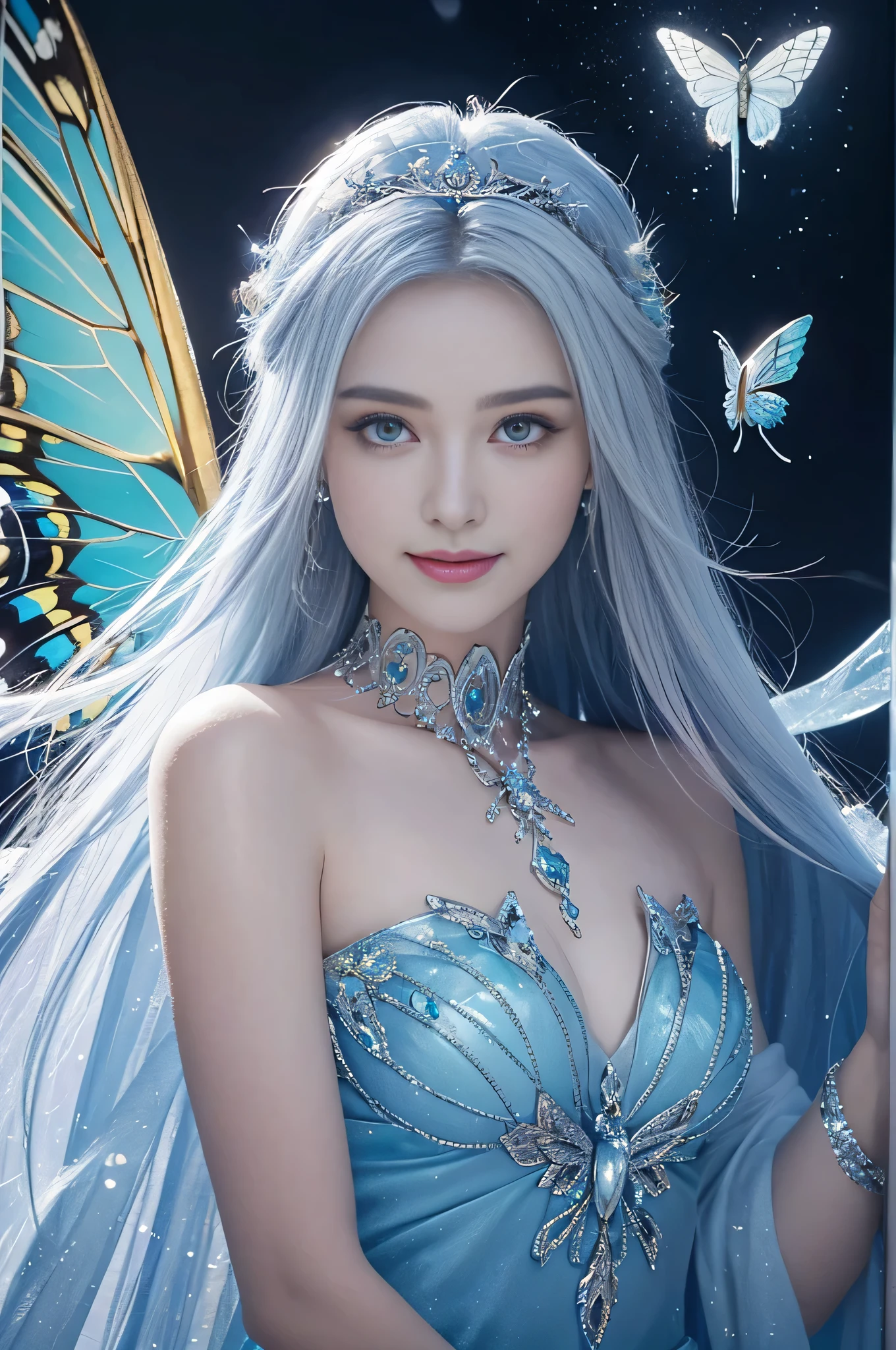 a close up of a woman with long hair and a butterfly in her hand, beautiful, detailed, beautiful girl, beautiful woman, beautiful artwork, smiling as a queen of fairies. She is the goddess of ice, create a backdrop in a very magnificent ice palace, dressed like an ice goddess who has very deadly ice magic, her eyes are very sharp But gentle, the goddess is very innocent, creates a very scary ice magic effect, very beautiful face, unmatched in the world. Complete whole body, without exception