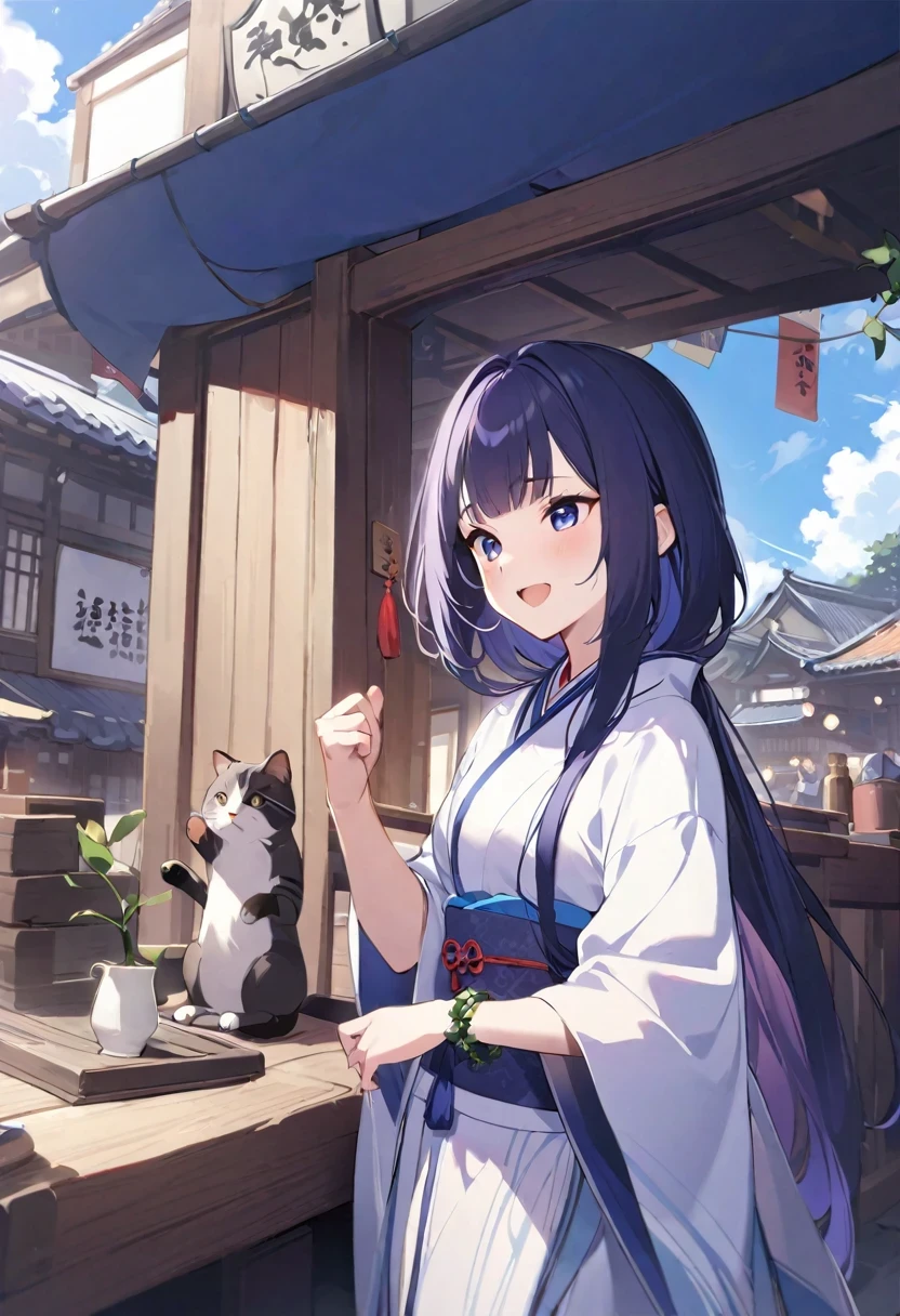 shy lily/(Twitch/), Under blue sky and white clouds,Teahouses line both sides of the ancient street,Tavern,pawnshop,workshop,There are also many small stalls in the open spaces on both sides of the street.,(woman wearing robe,There is a girl with a super delicate and delicate smile,Holding a fortune-telling flag in the right hand,Wearing a vine bracelet on the left hand,rosary beads,approximately 20 years old,4K high quality photos),((Gray and black stripes,Tanuki)),4k quality